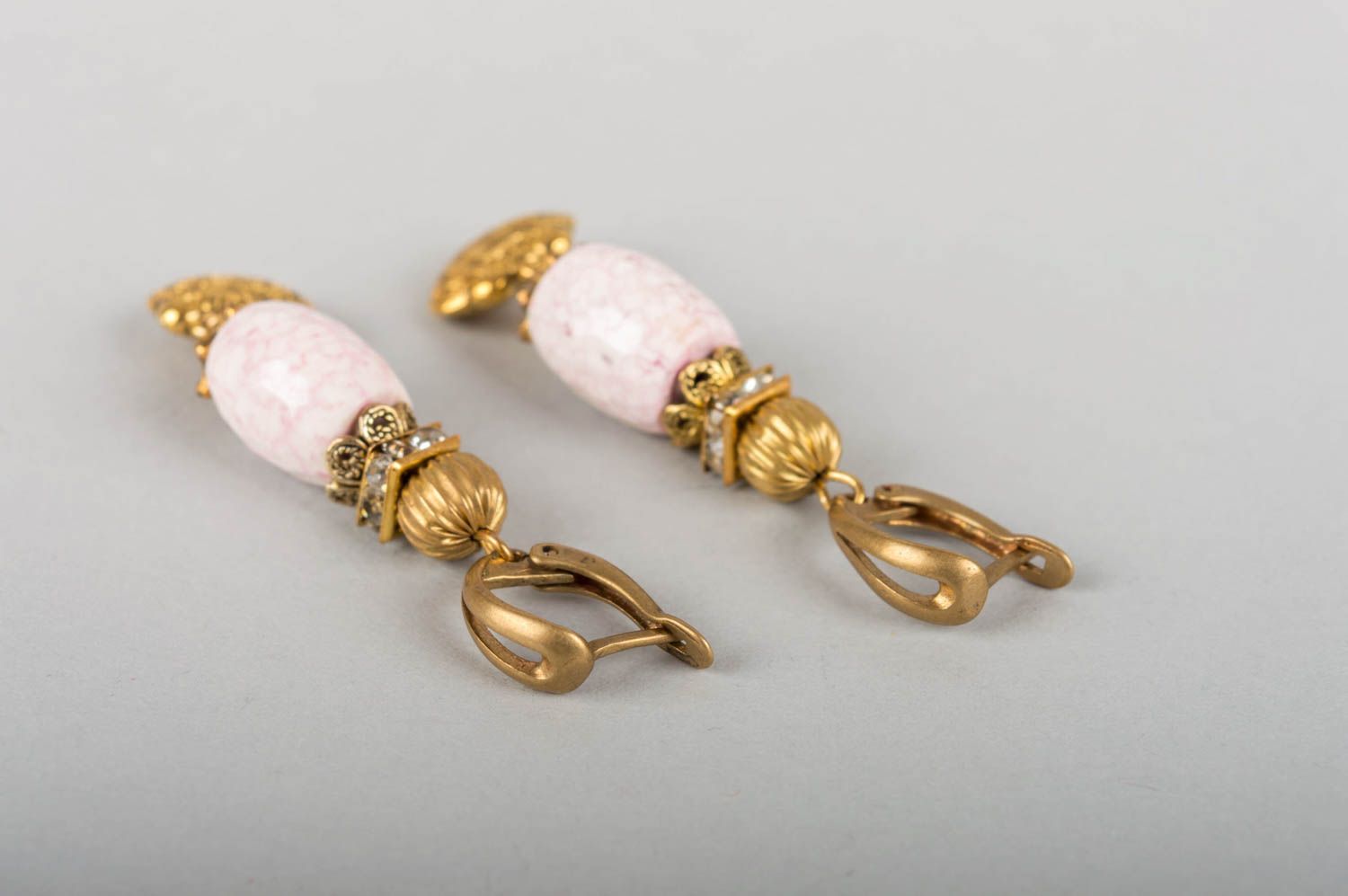 Handmade designer latten dangling earrings with pink agate stone beads photo 4