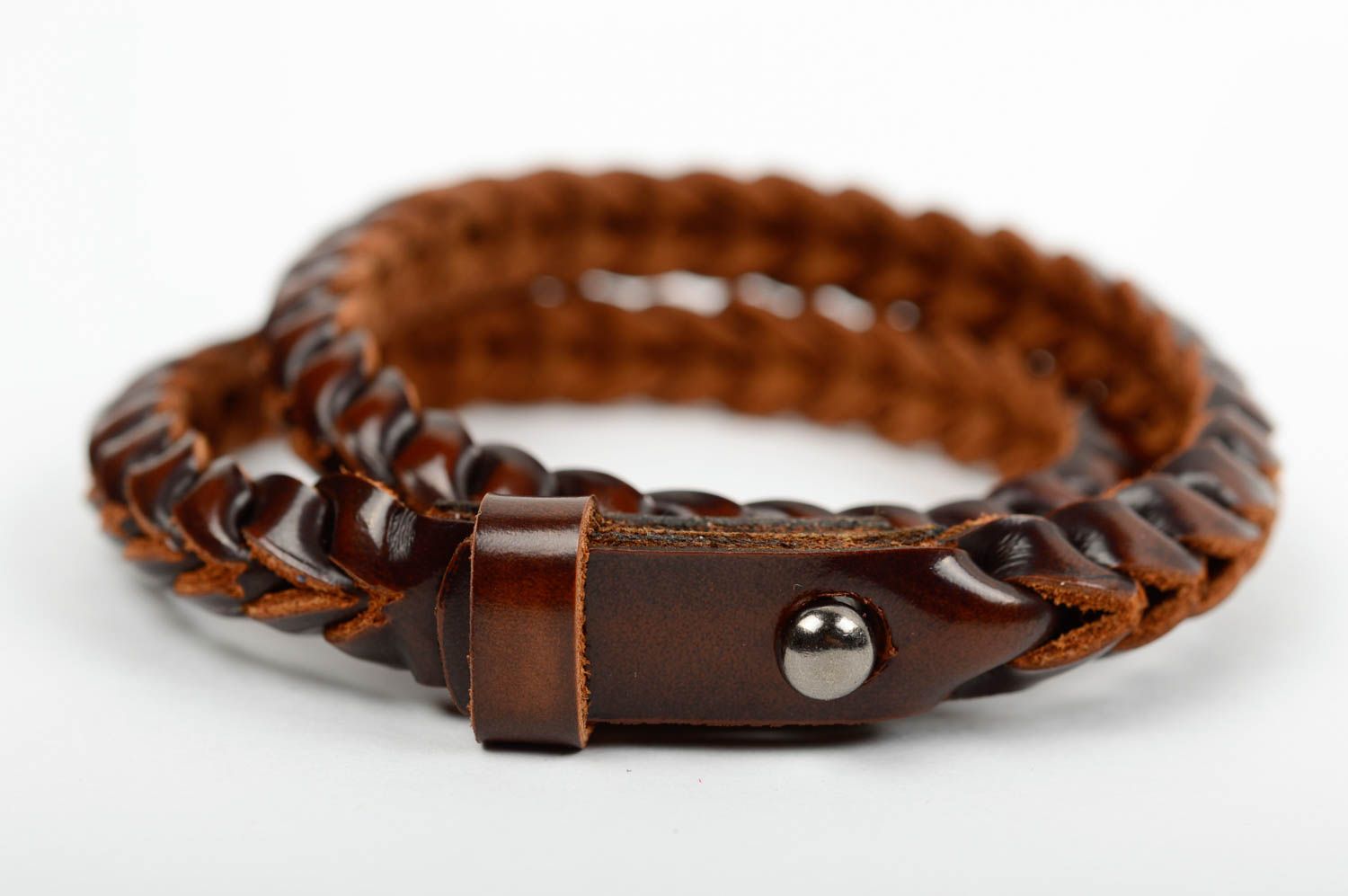 Bracelet 2 rangs tressé en cuir naturel brun fait main accessoire original stylé photo 2