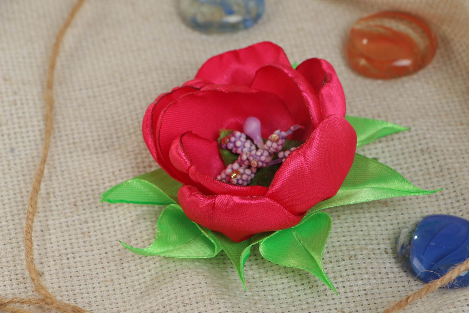 handcrafted unique bobby pin made of satin ribbon in the form of red peony flower photo 1