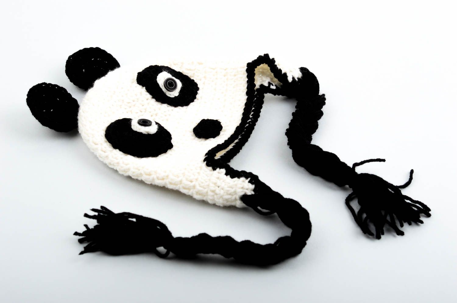 Bonnet panda fait main Vêtement enfant tricoté avec cordelettes Cadeau original photo 3