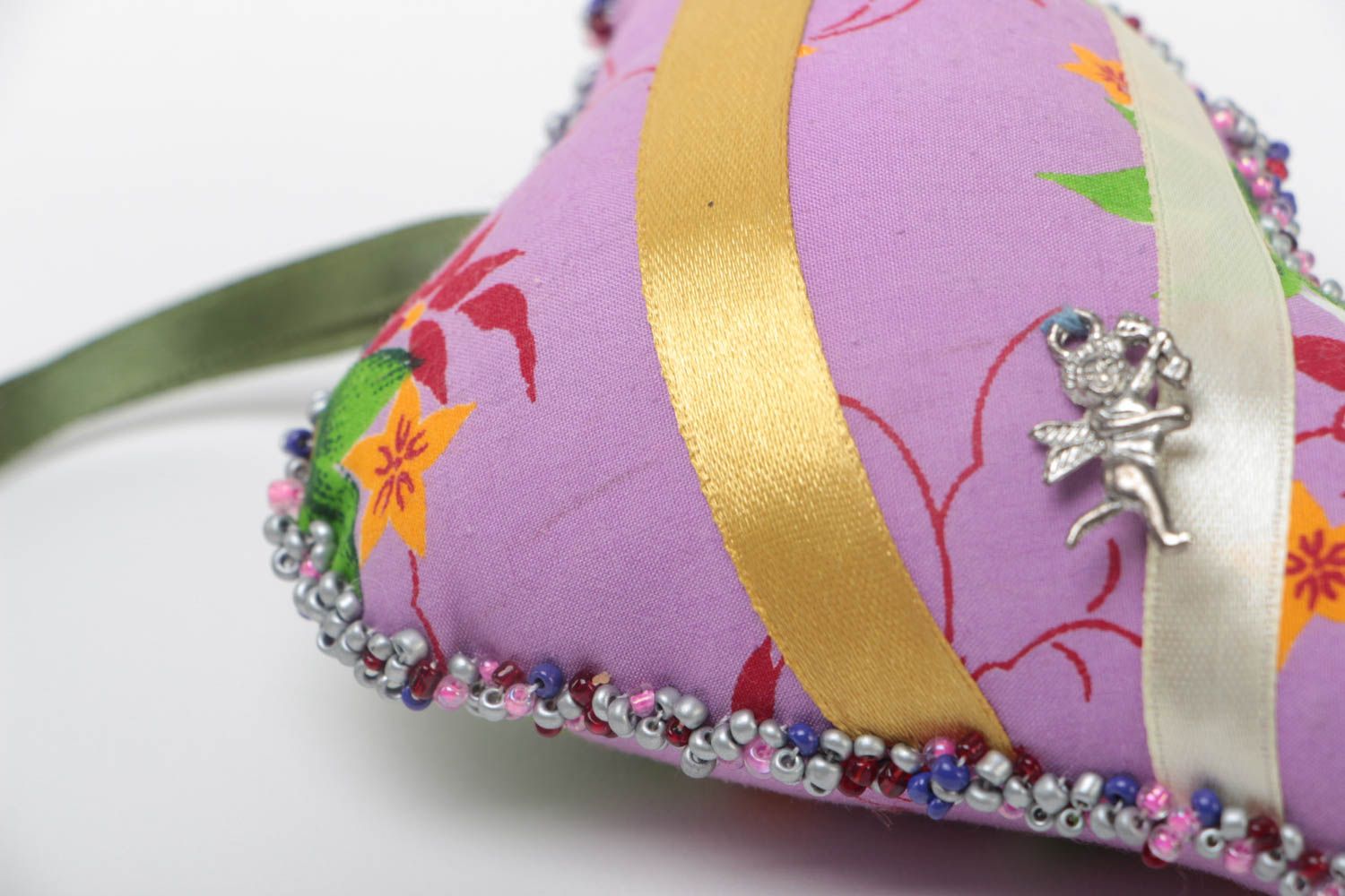 Декоративная текстильная подвеска для интерьера ручной работы Сердце розовая фото 3