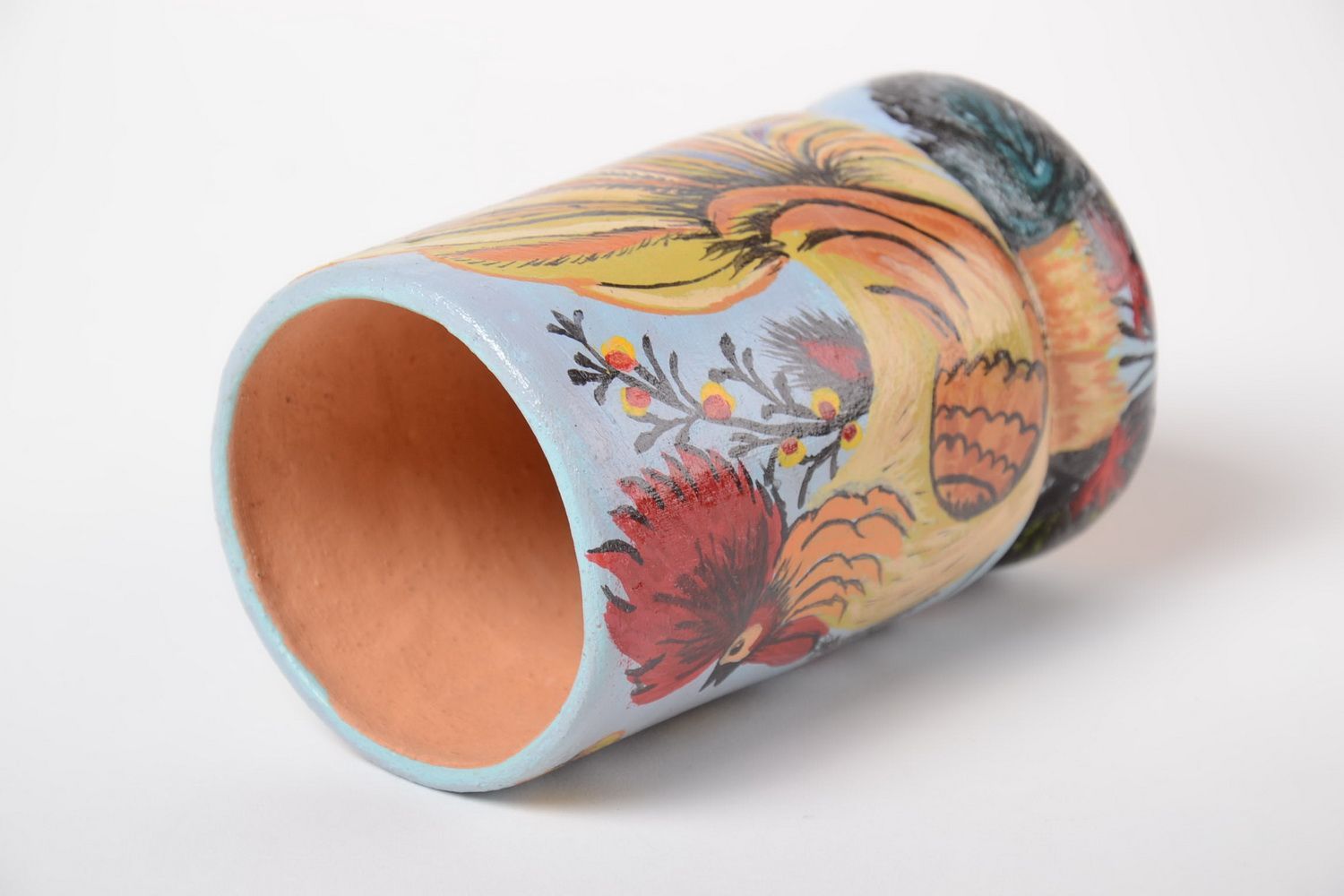 Vase en argile pour fleurs fait main peint de couleurs acryliques avec coq photo 3