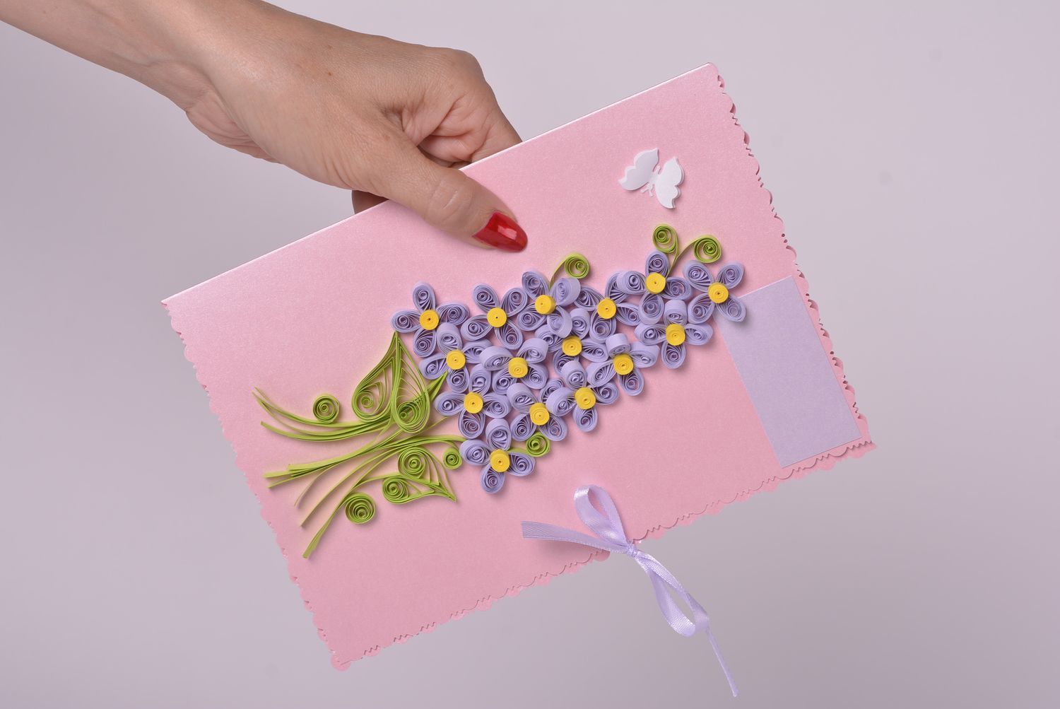 Carte de voeux fait main en carton rose avec lilas quilling Cadeau original photo 4