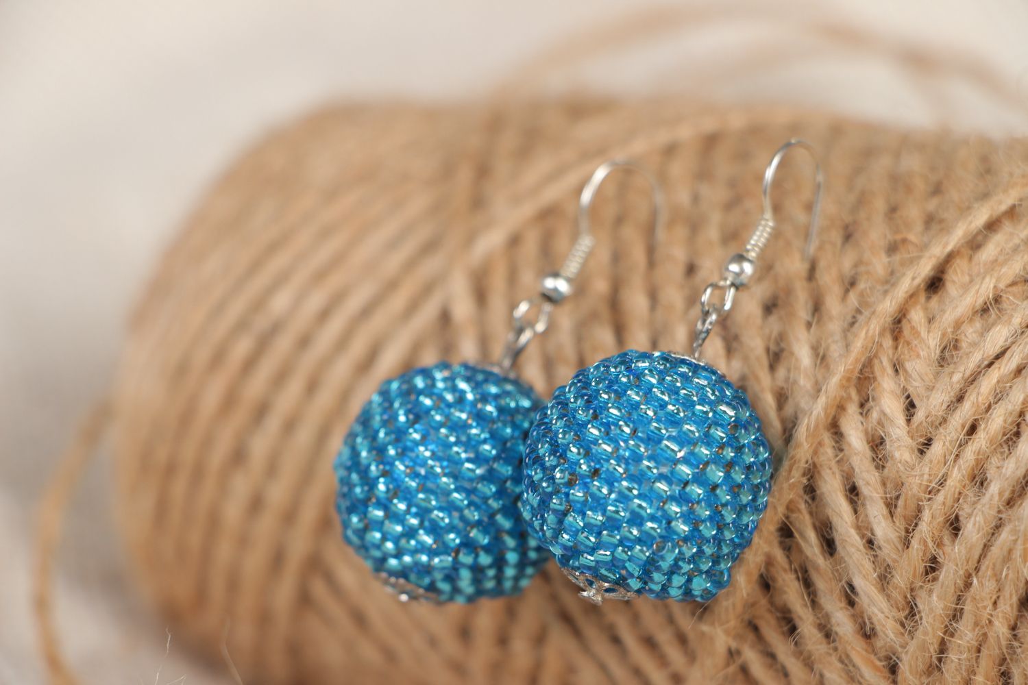 Blue beaded ball earrings photo 4