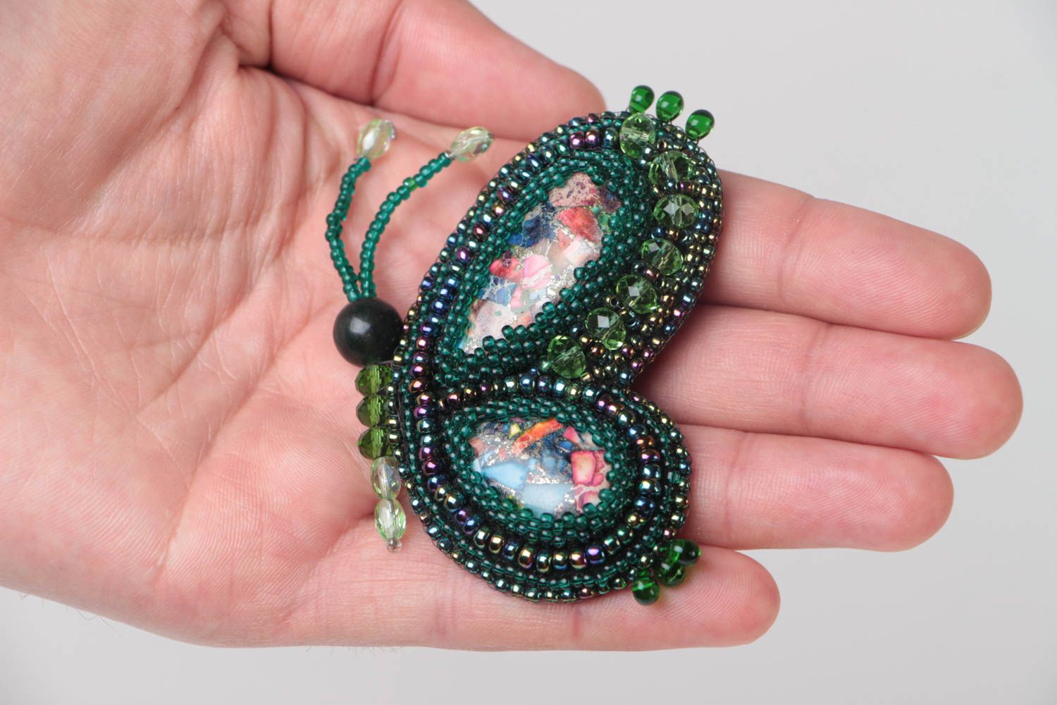 Beautiful handmade women's brooch with bead embroidery and natural stones photo 5