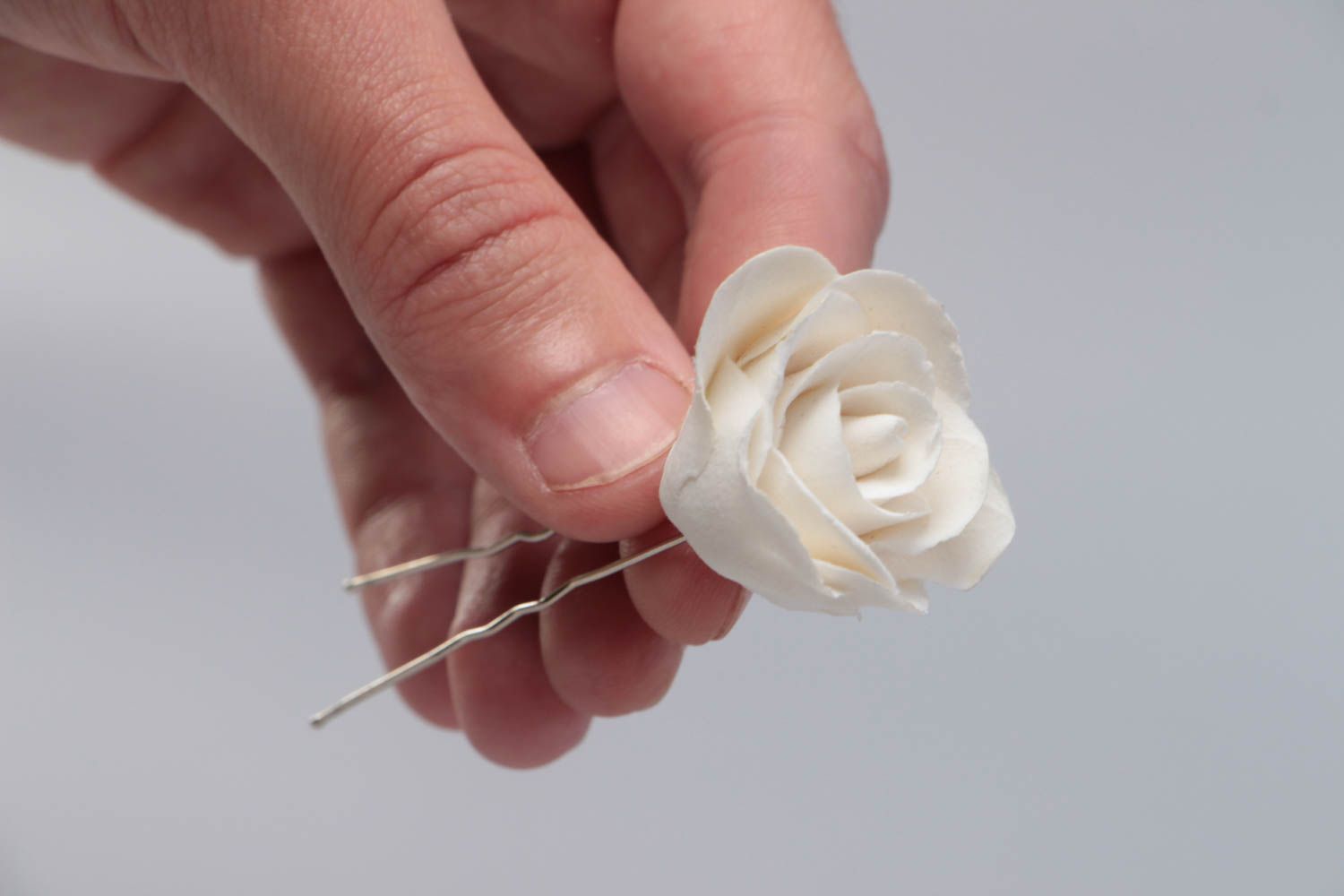 Beautiful homemade designer polymer clay flower hairpin with white rose photo 5