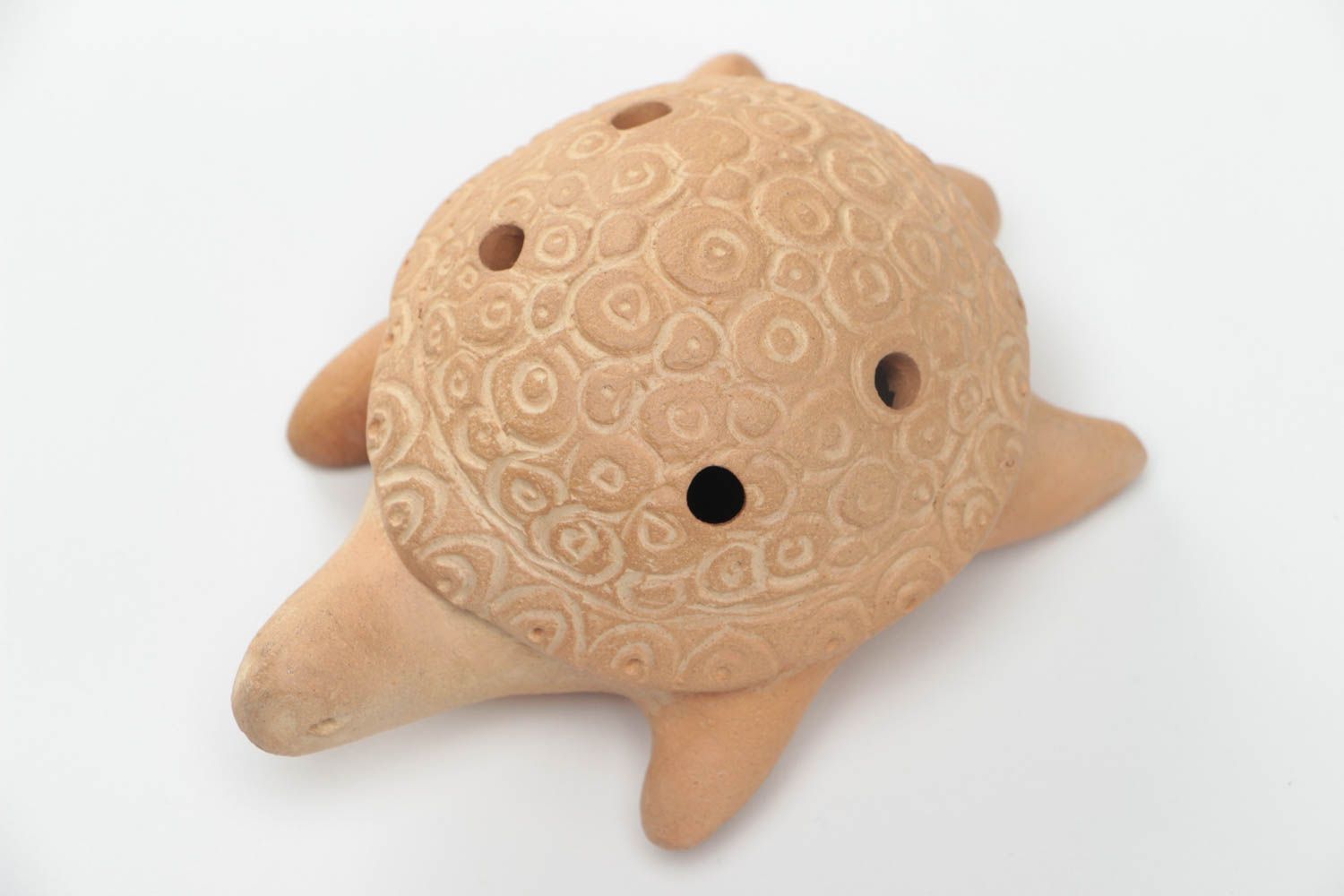 Small handmade designer beige clay ocarina ceramic penny whistle Turtle photo 3