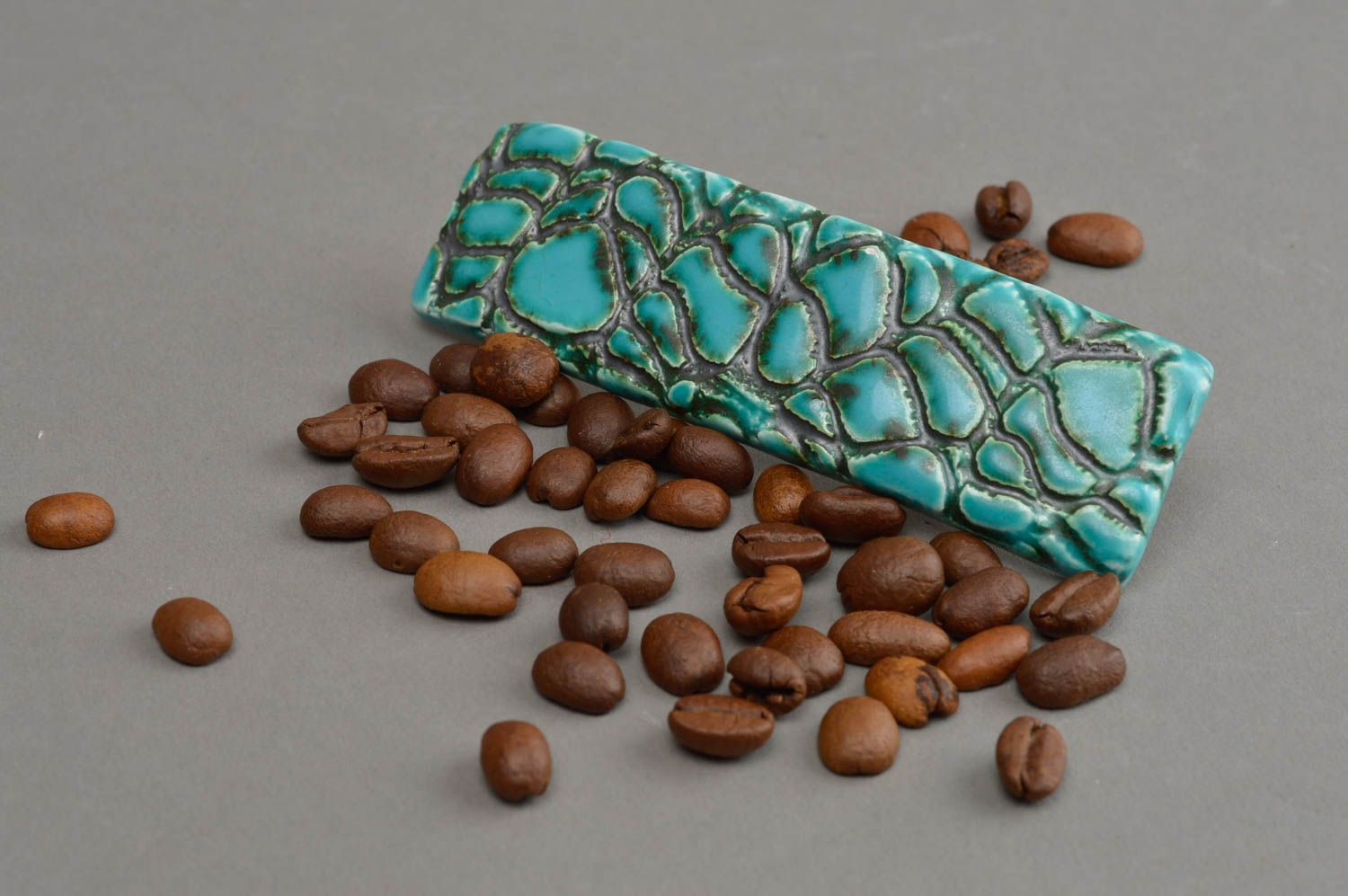 Bunte handmade Schmuck Haarspange türkis aus Ton für Damen Marmormuster foto 1