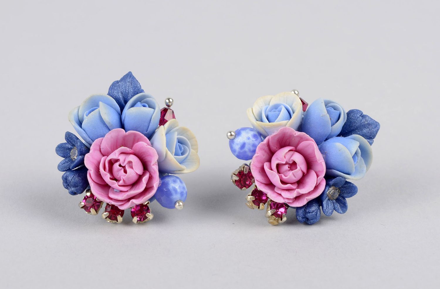 Stud earrings with flowers handmade polymer clay earrings plastic accessories photo 1