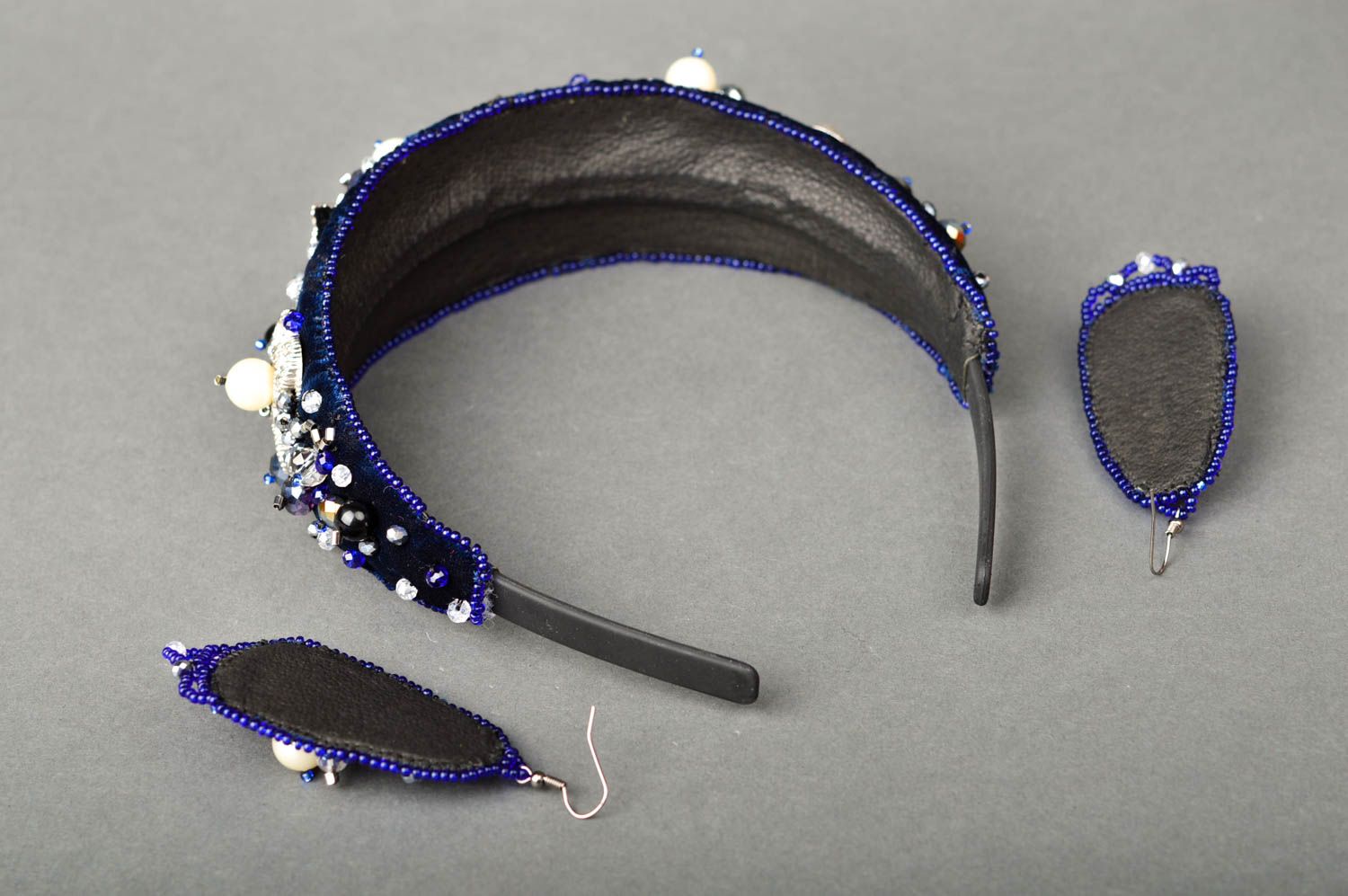 Обруч для волос серьги из кожи ручной работы дизайнерские украшения синие  фото 6