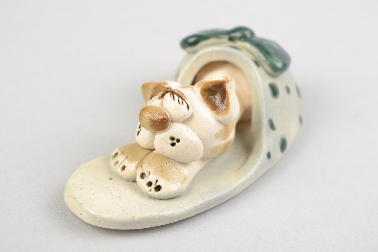 Handmade designer ceramic figurine of cat in slipper painted with colorful glaze photo 4