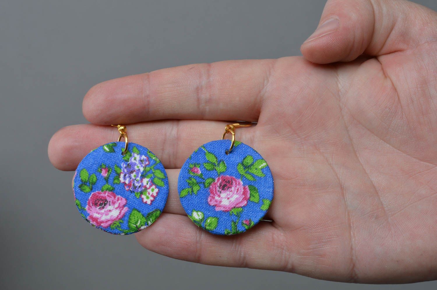 Beautiful romantic handmade designer blue fabric earrings with flower print photo 4