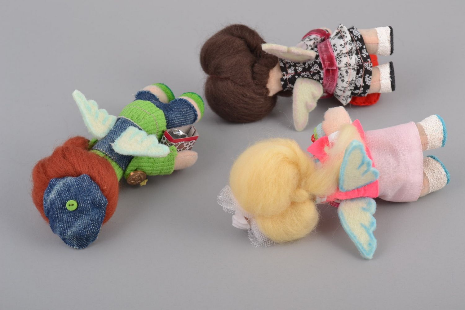 Set of 3 handmade interior soft dolls sewn of felt fabric for home decor photo 3