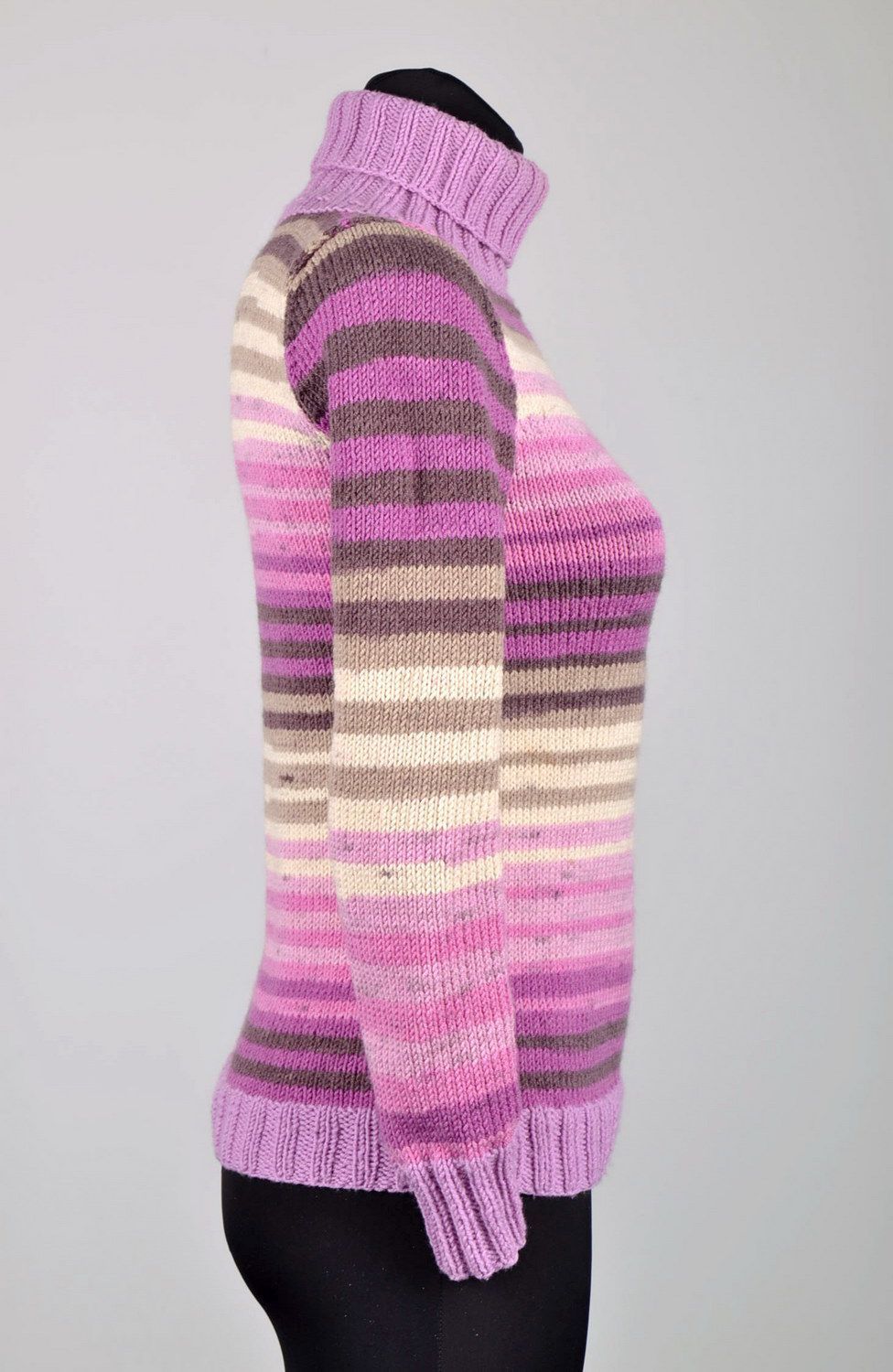 Pull en laine tricoté manches longues couleurs lilas photo 4