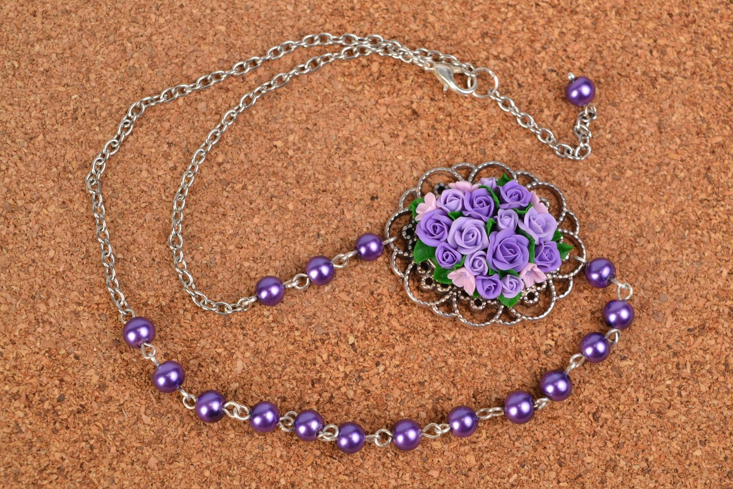Tender handmade necklace with lilac polymer clay flower for romantic girls photo 5