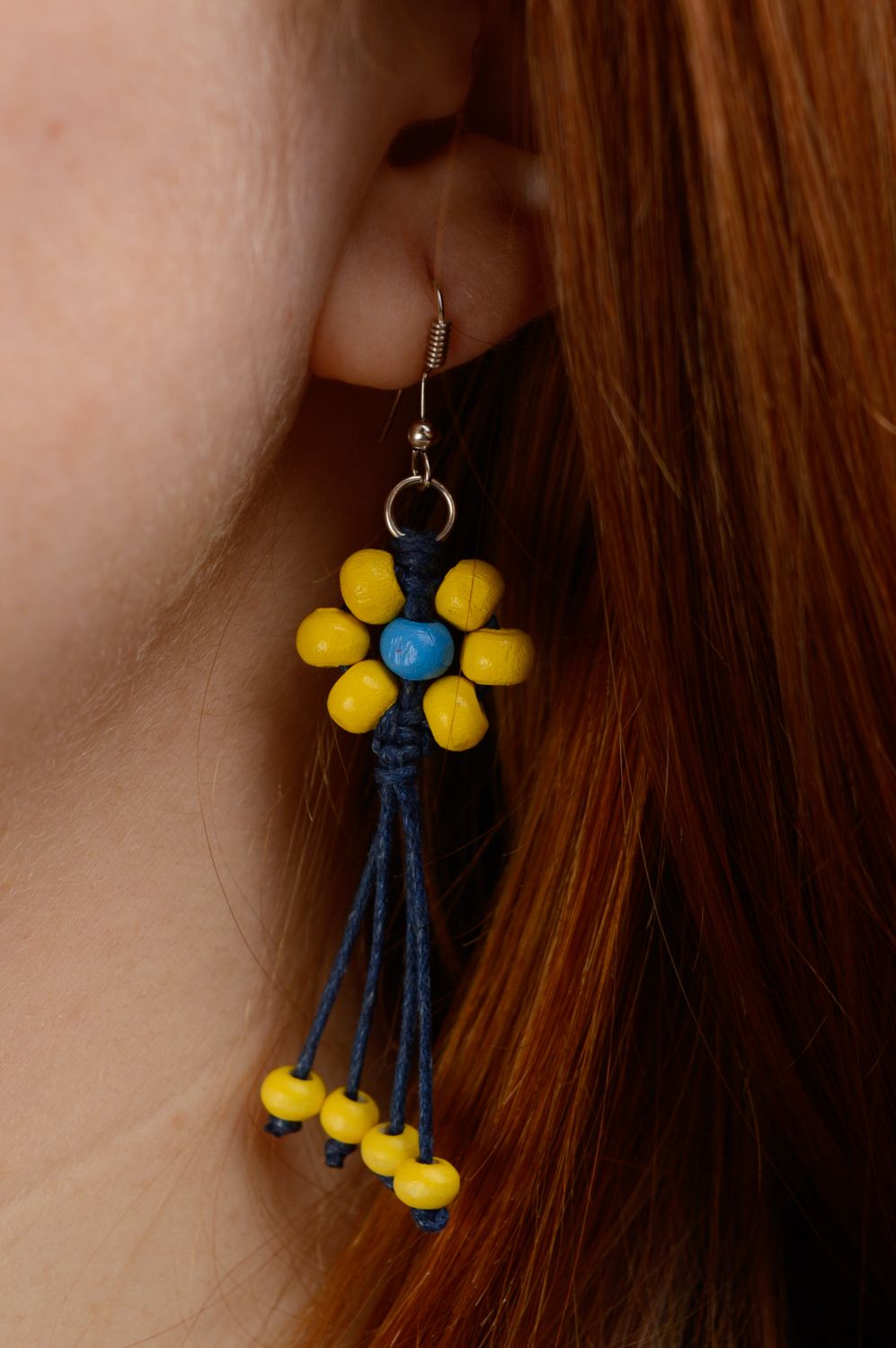Macrame earrings with wooden beads photo 3