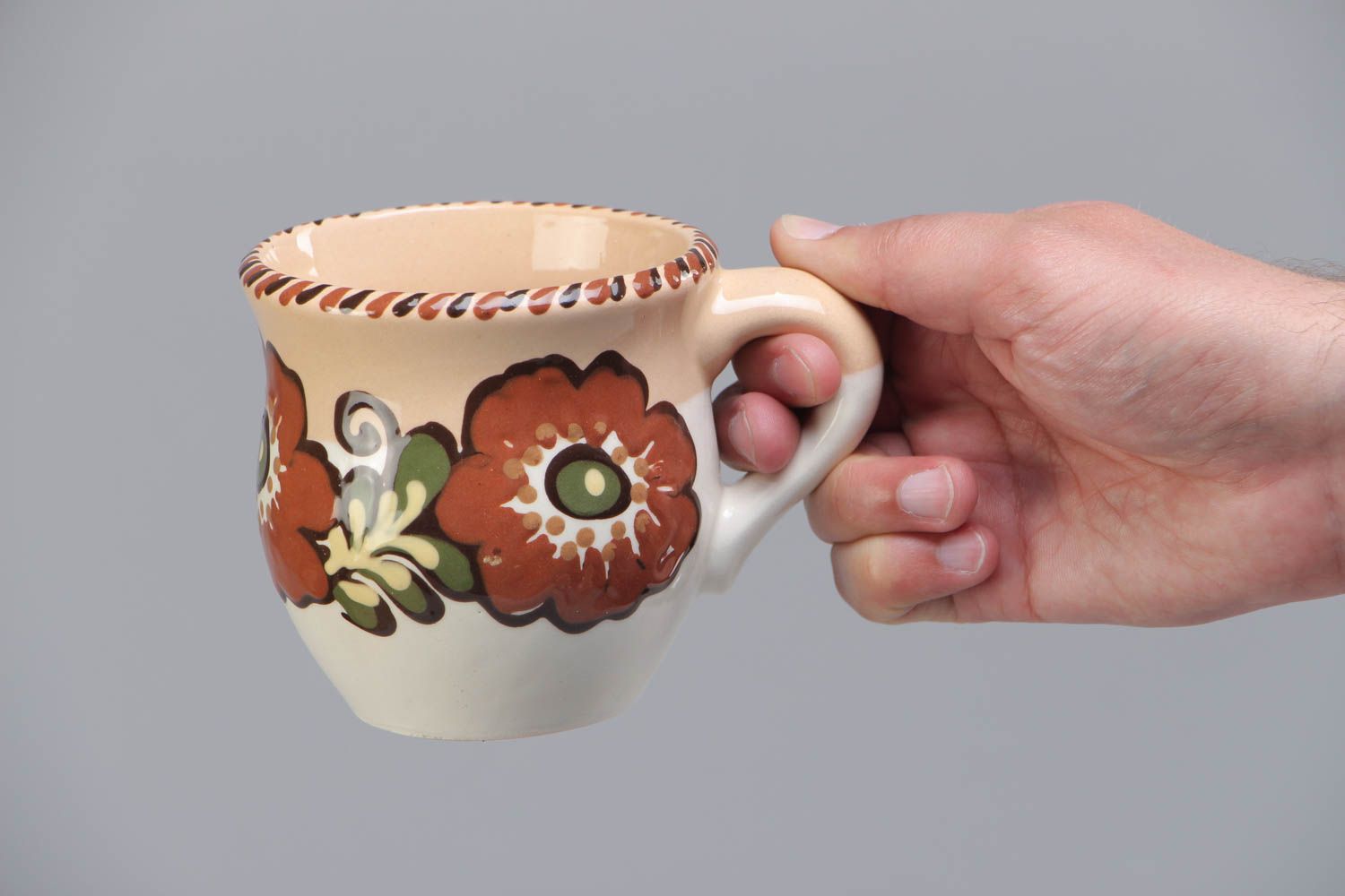 8 oz clay glazed coffee cup with handle and brown flower pattern photo 5