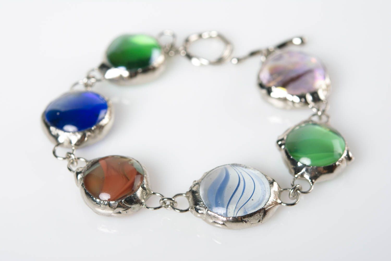 Designer handmade colorful beautiful bracelet made of glass and metal photo 1