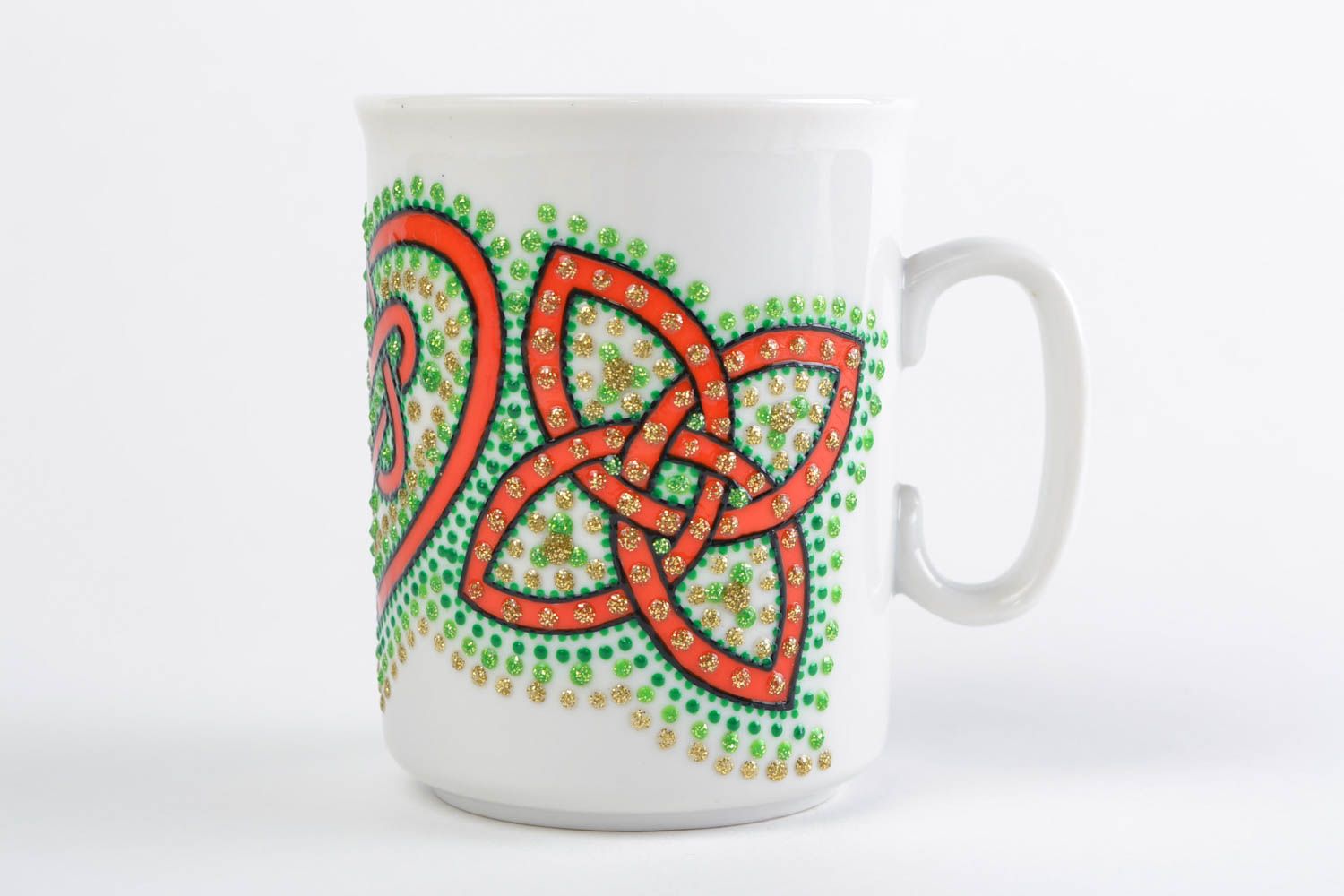 White and green ceramic tea cup with handle and acrylic dot painting Triquetra photo 3