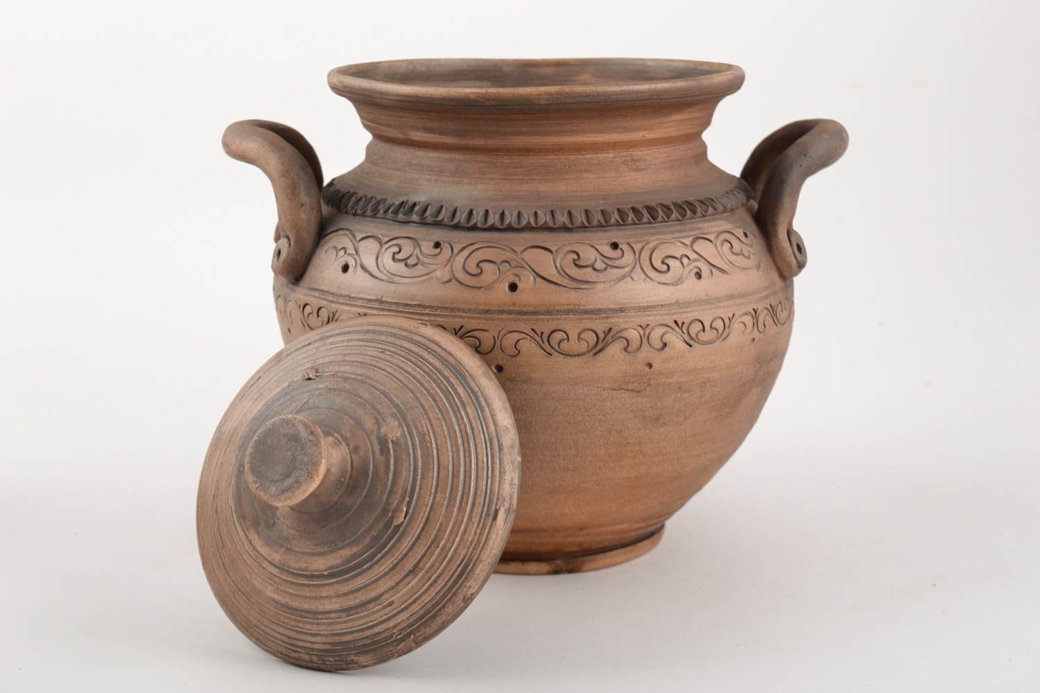 Grand pot en terre cuite avec couvercle et deux anses fait main marron 6 l photo 2