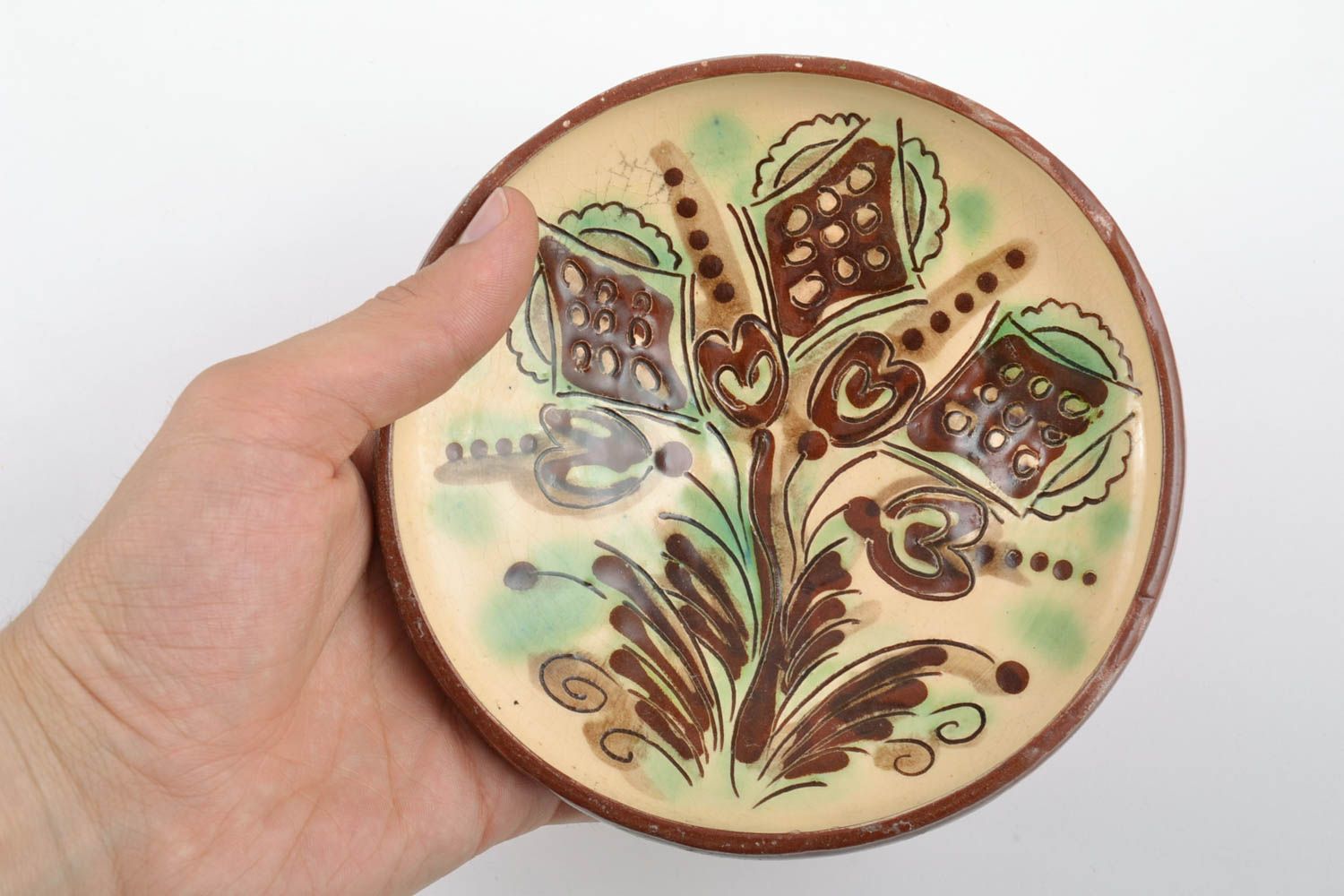 Schöner runder keramischer Teller mit Bemalung künstlerische Handarbeit foto 2