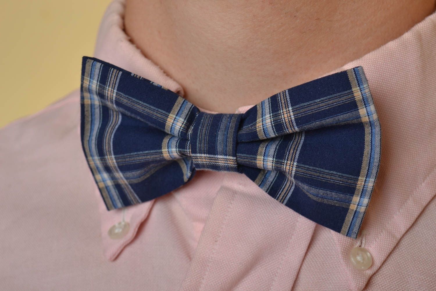 Beautiful blue checkered fabric bow tie with adjustable strap hand made photo 1