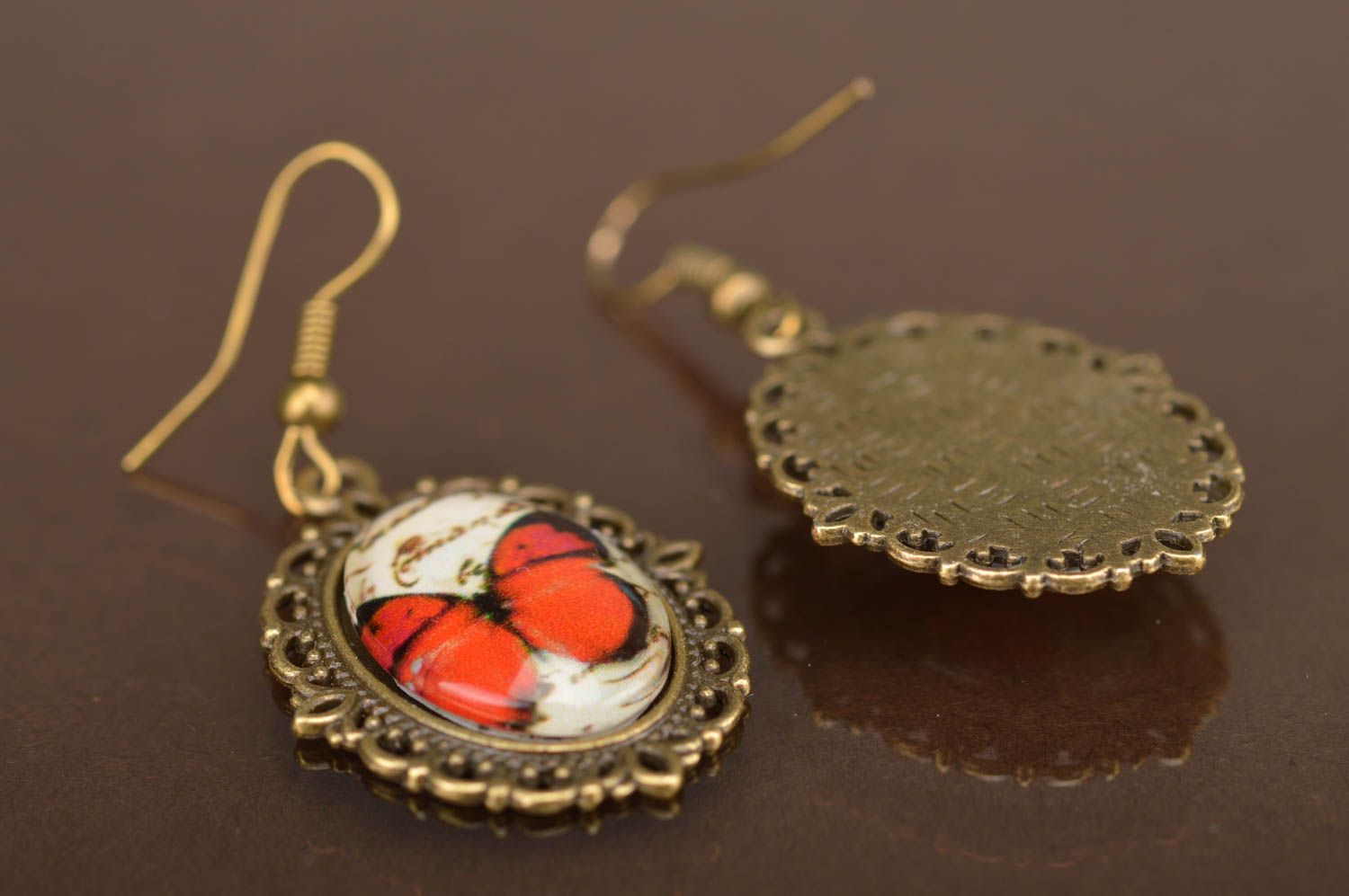 Beautiful handmade designer vintage metal earrings with butterflies print photo 3