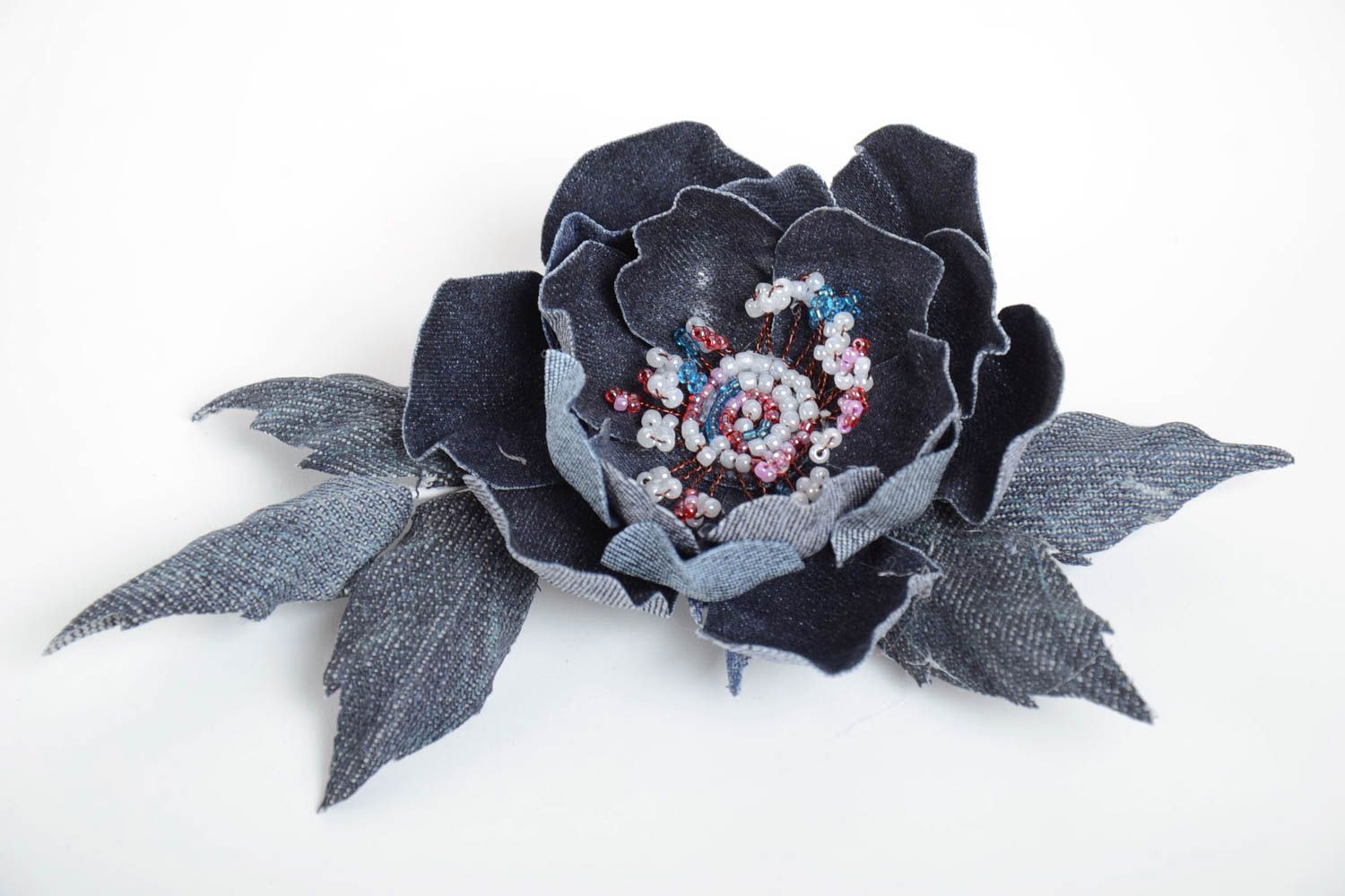 Handmade designer hair clip brooch with large denim fabric flower with beads photo 2