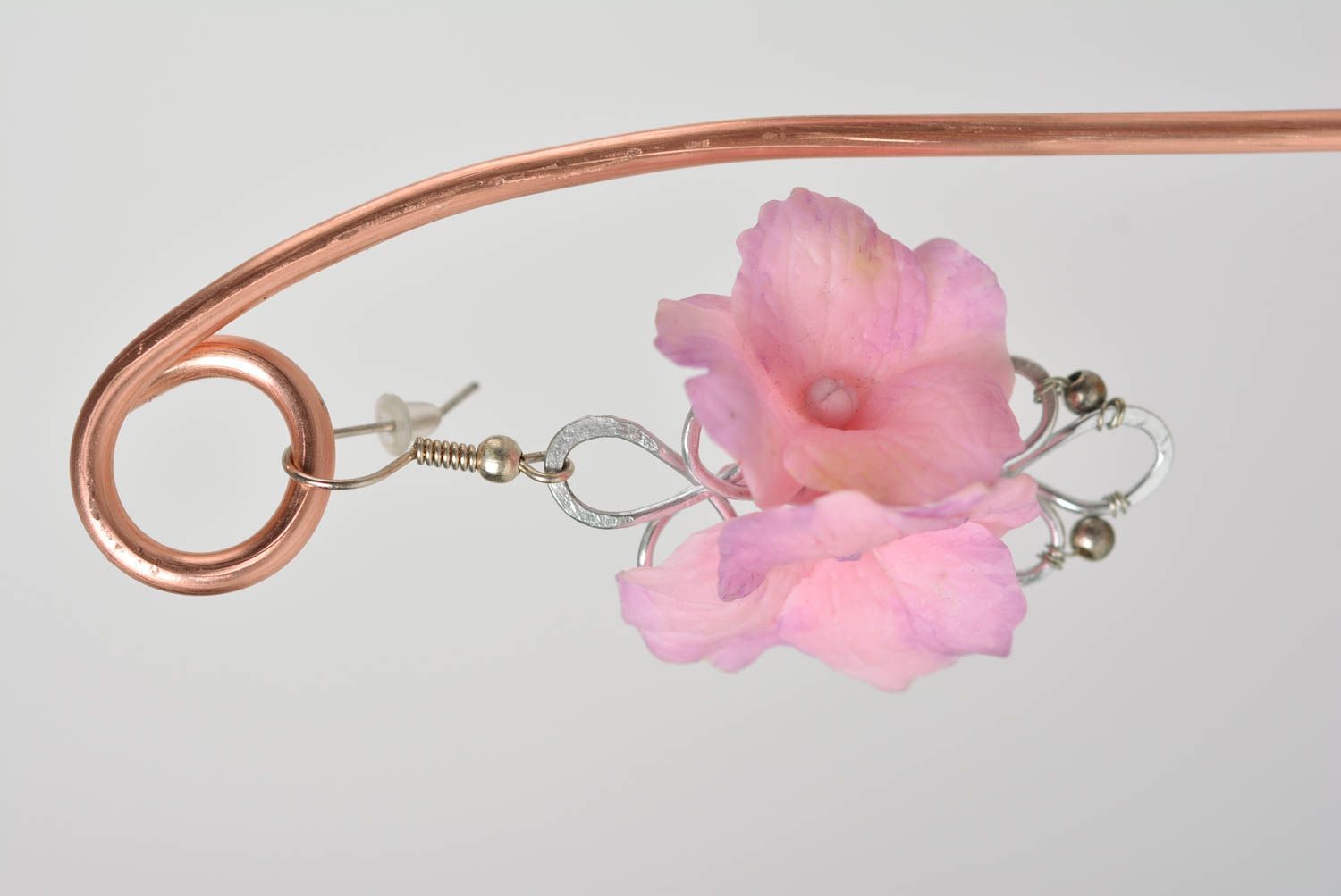 Beautiful handmade designer volume pink plastic flower earrings molded photo 5