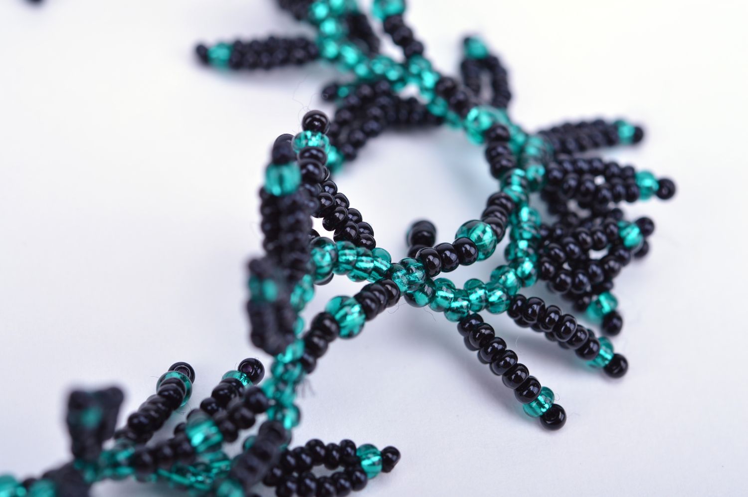 Handmade designer wrist bracelet woven of black and green Czech beads Leaves photo 4