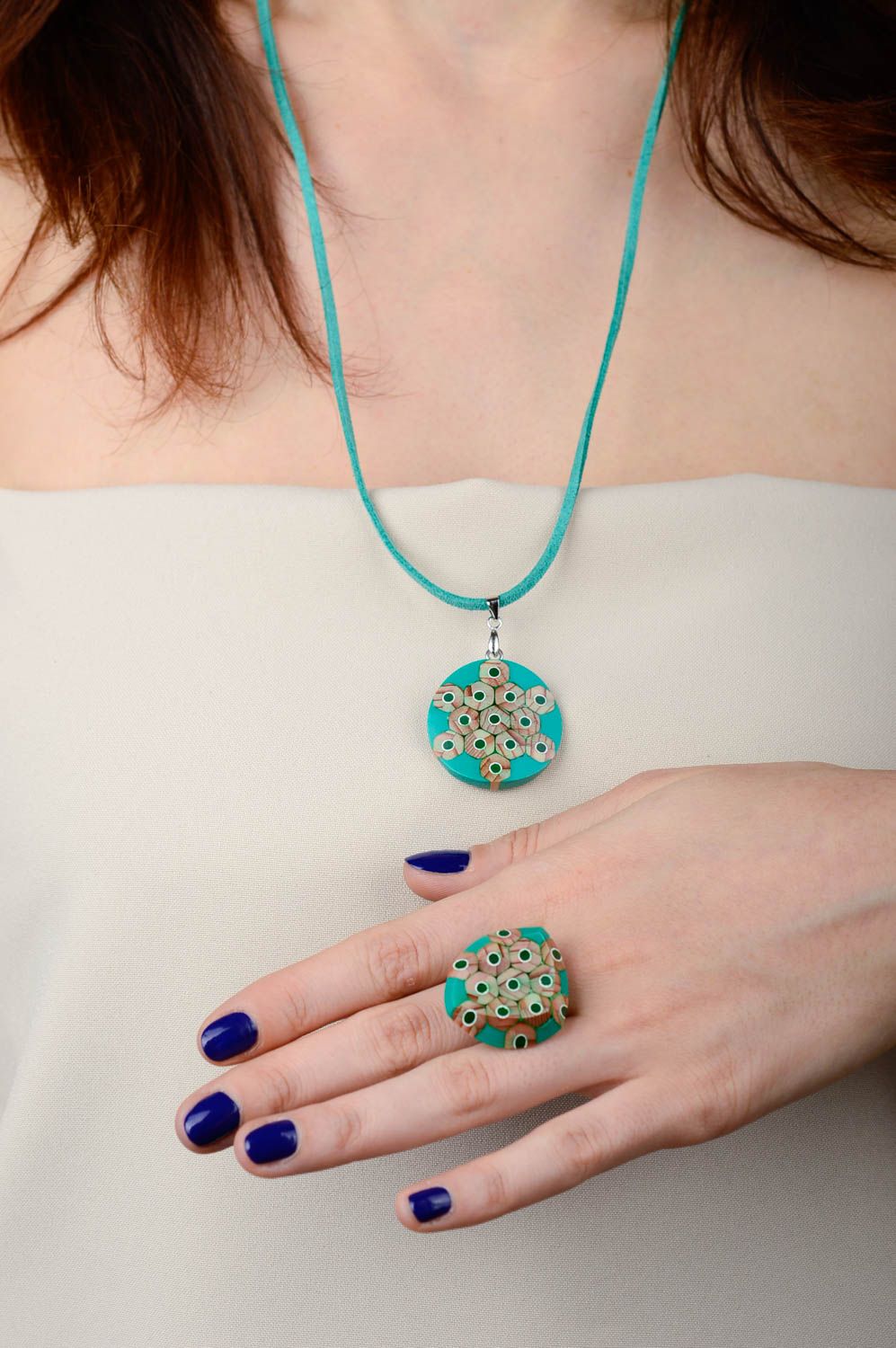 Green handmade jewelry set unusual designer pendant stylish beautiful ring photo 2