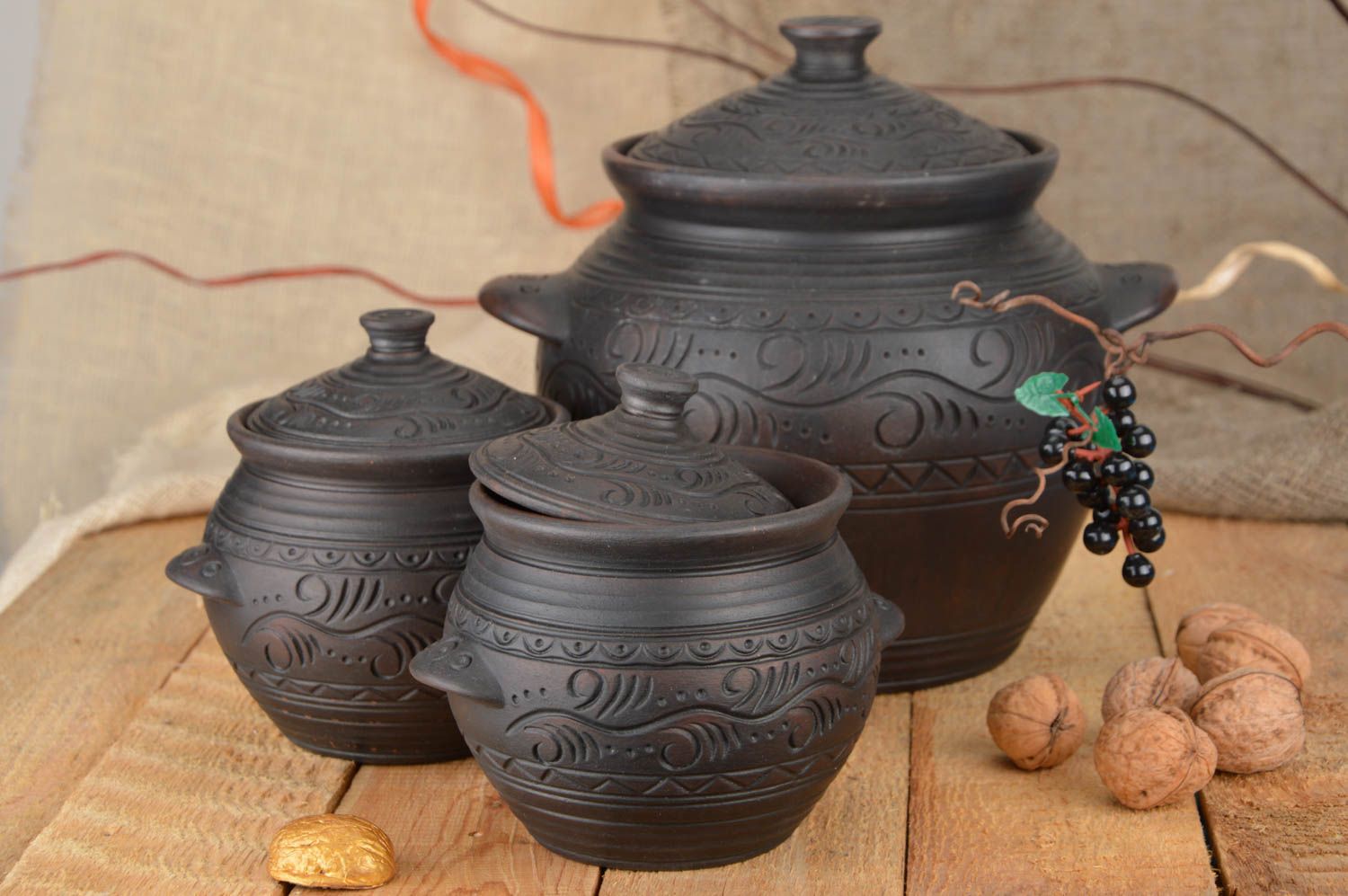 Keramik Töpfe Set 3 Stück zwei je 1 l und ein 4 l handmade Ton Geschirr  foto 1