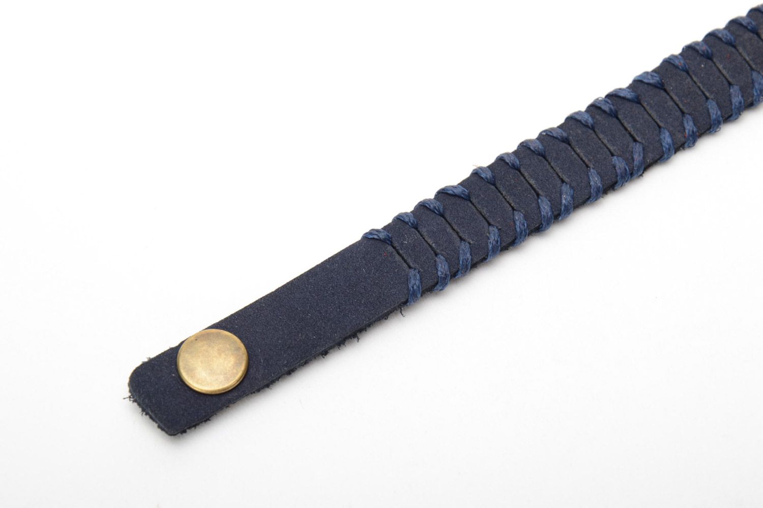 Laconic handmade blue genuine leather wrist bracelet with synthetic cord unisex photo 5