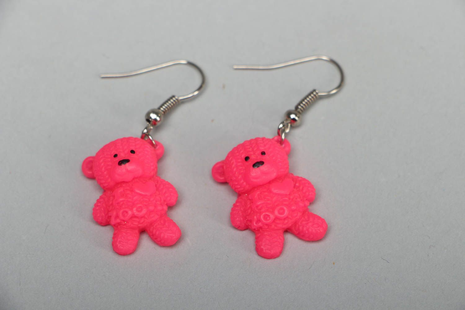 Polymer clay earrings in the shape of pink bears photo 1
