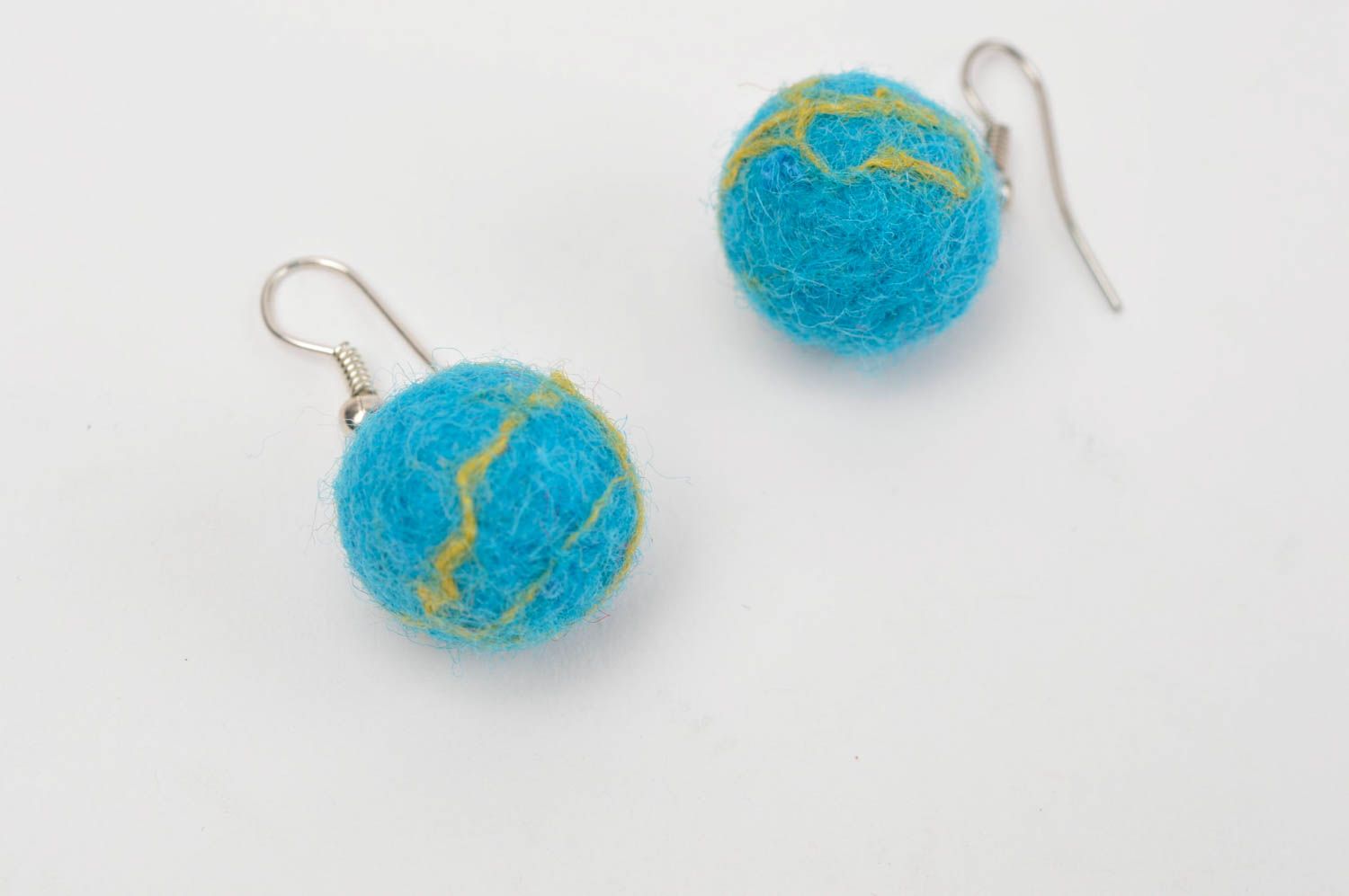 Handmade designer blue earrings cute earrings made of wool cute accessory photo 4