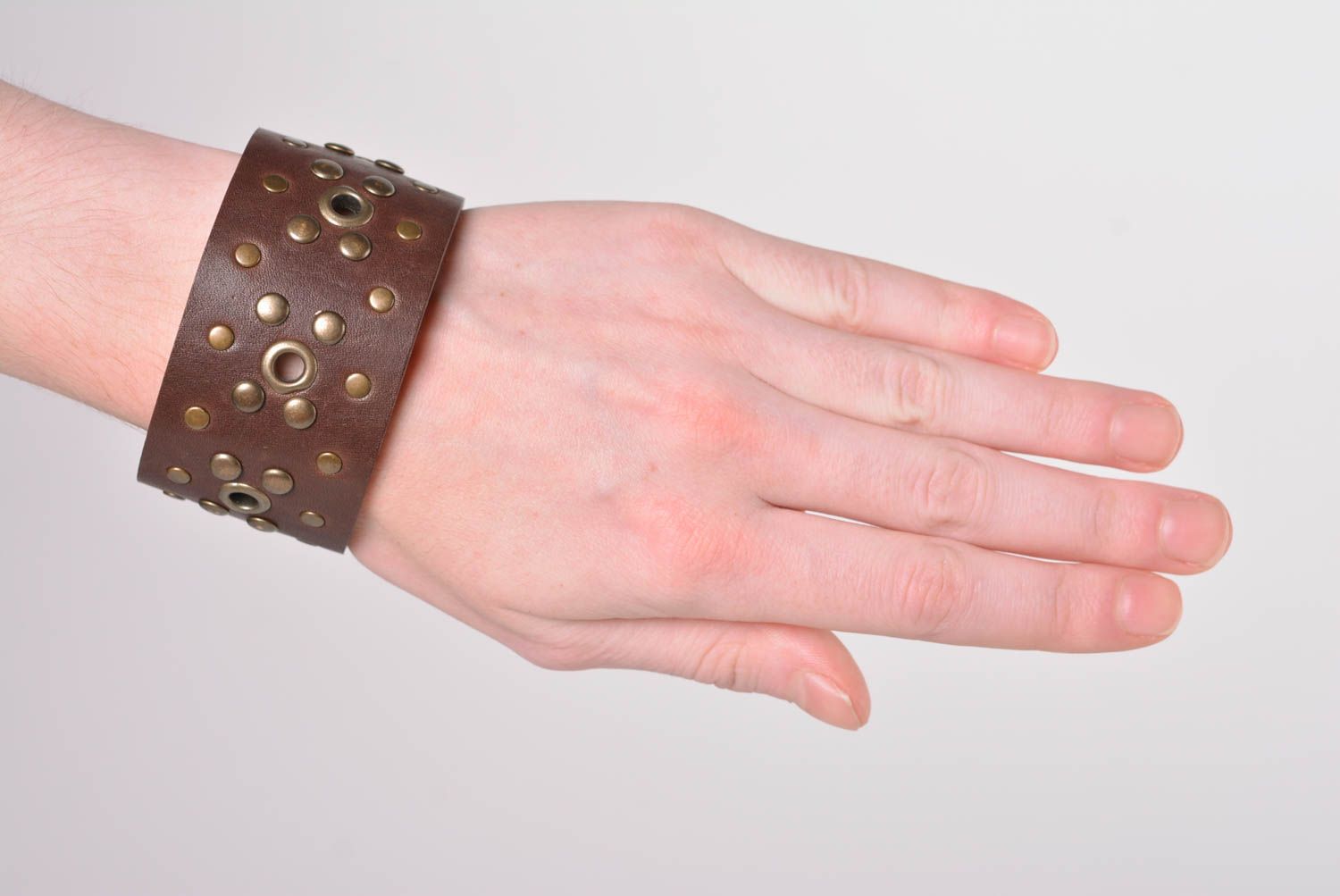 Handmade designer leather bracelet wide wrist bracelet accessory with rivets photo 2