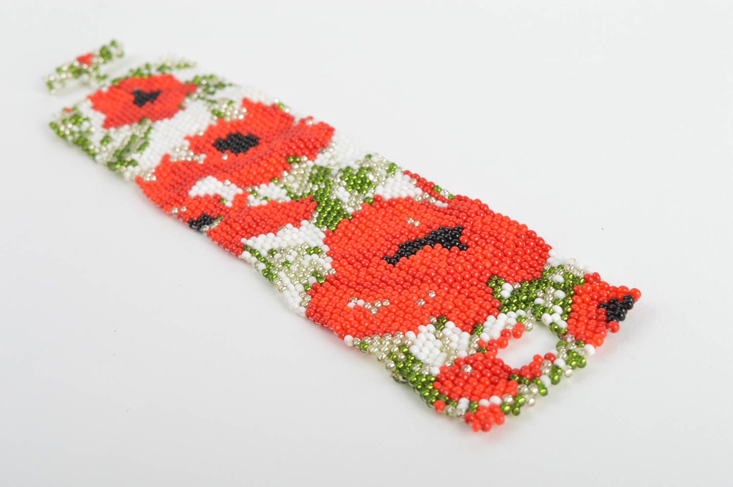 Handmade designer wide bead woven cuff bracelet with red poppies ornament photo 3