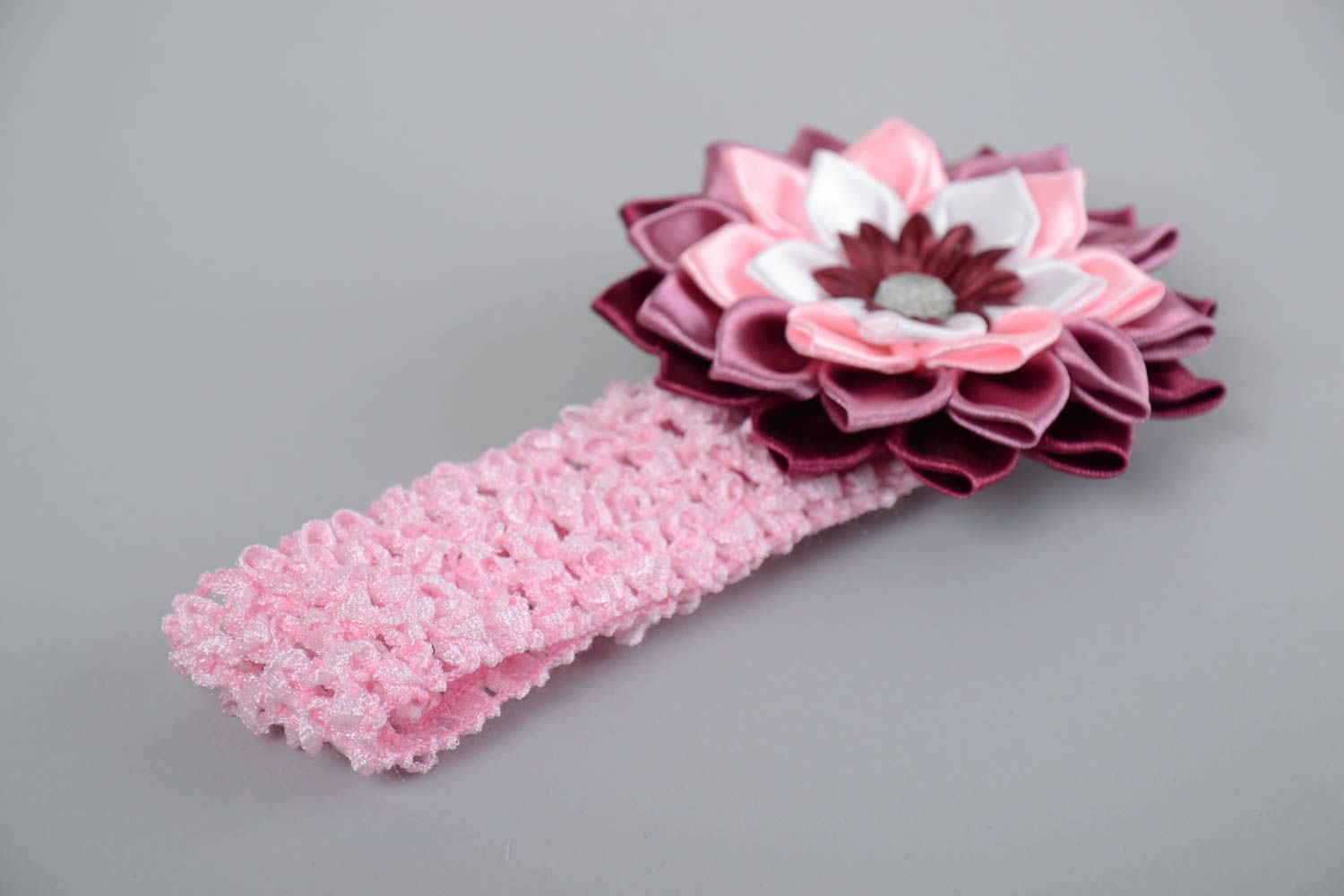 Handmade designer stretch crocheted headband with lilac kanzashi flower for girl photo 3