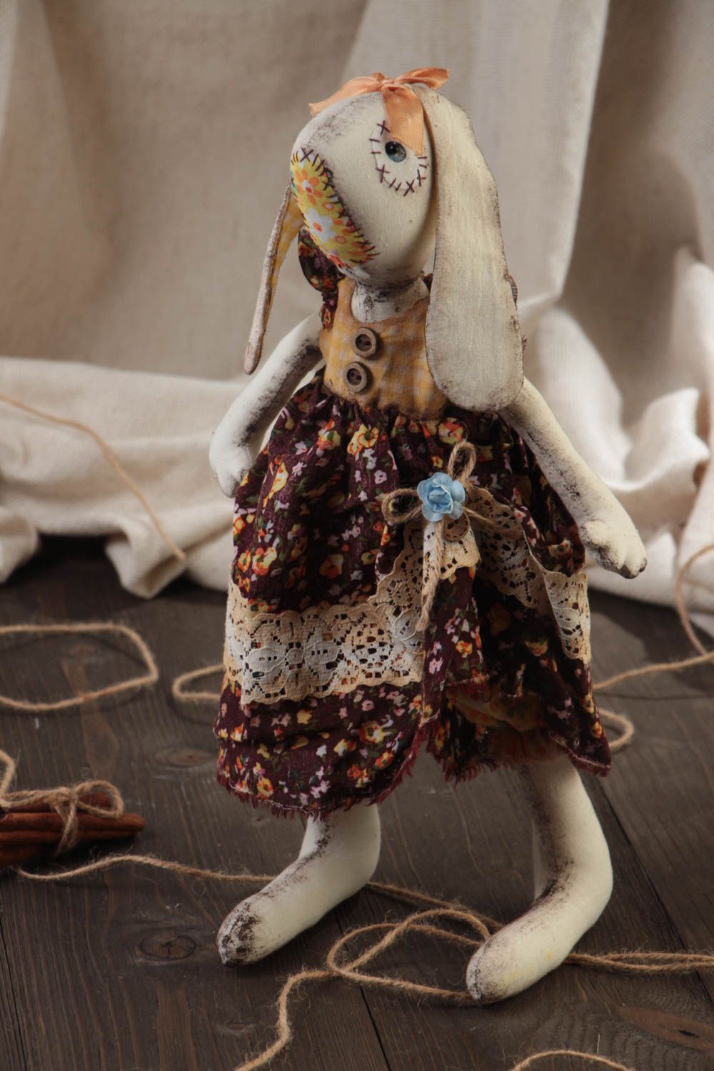 Handmade designer fabric soft toy rabbit girl in vintage style for interior photo 1