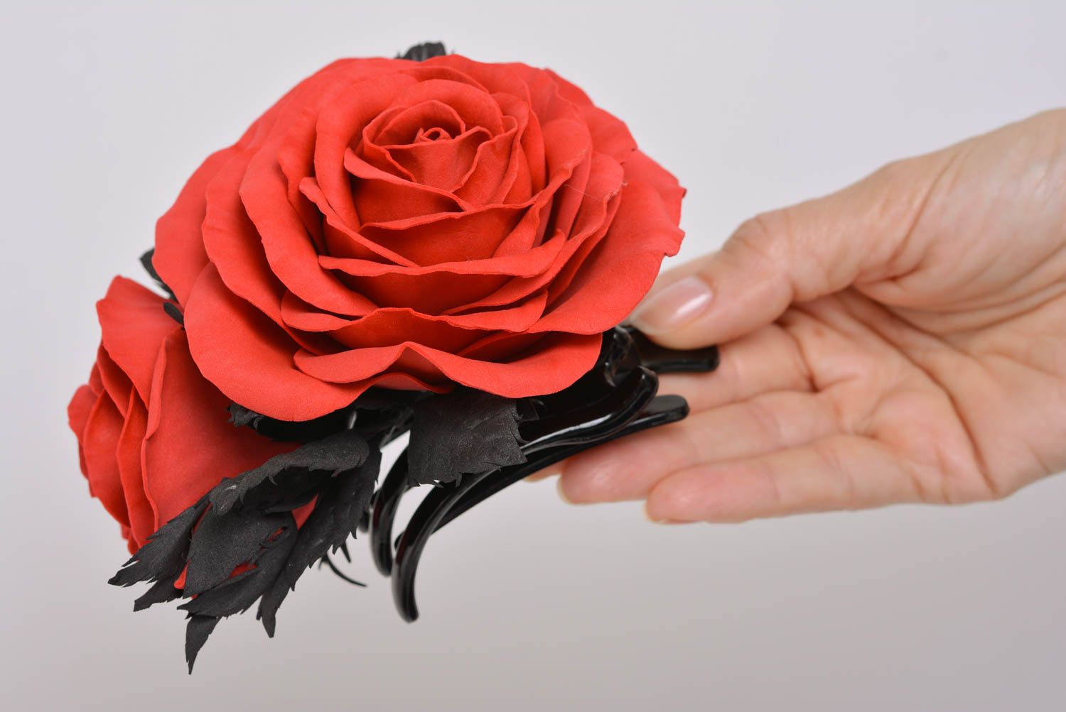 Handmade designer hair clip with volume black and red foamiran rose flowers photo 4