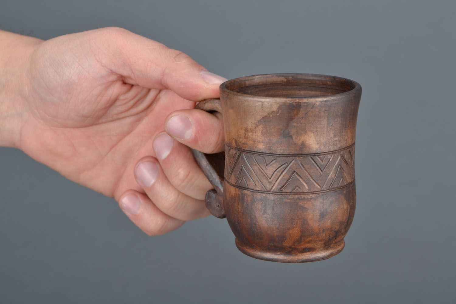 4 oz clay coffee cup with handle and Greek style pattern photo 2