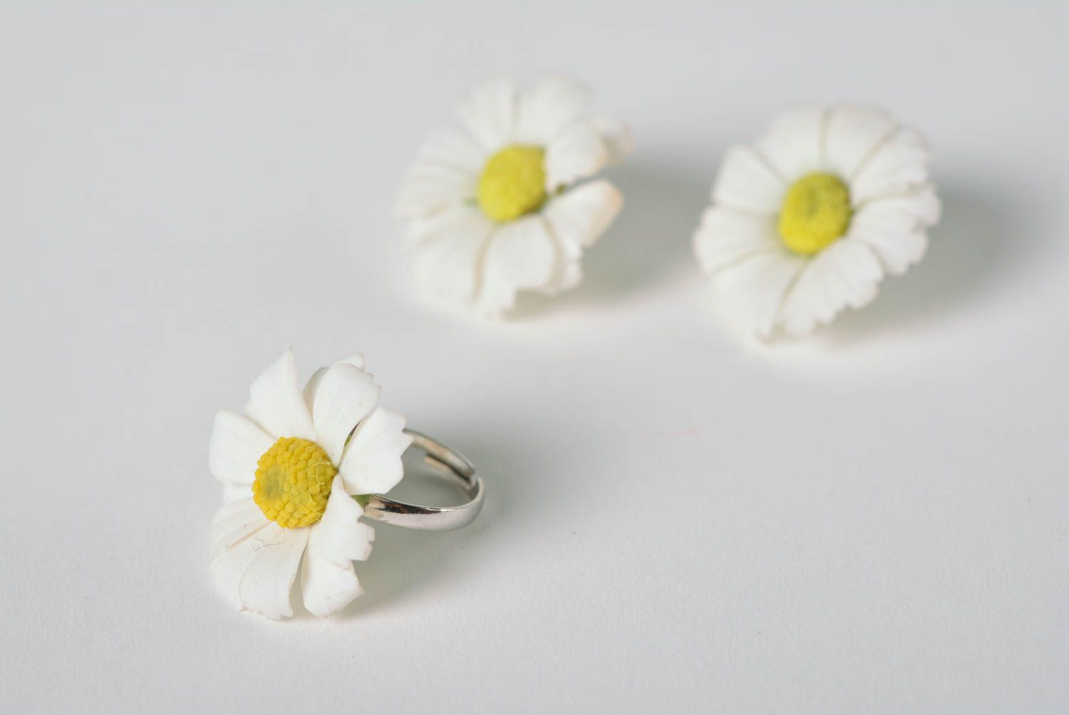 Handmade women's polymer clay flower jewelry set 2 pieces ring and stud earrings photo 1