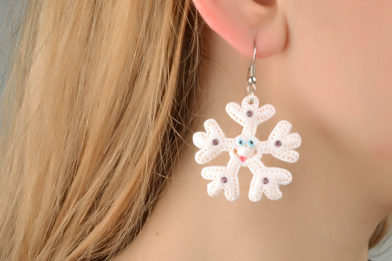 Earrings made of polymer clay Snowflakes photo 1