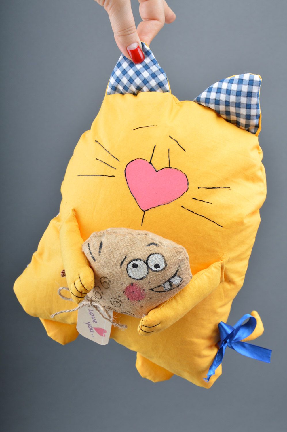 Large handmade aroma sachet pillow yellow toy cat with herbs inside photo 4
