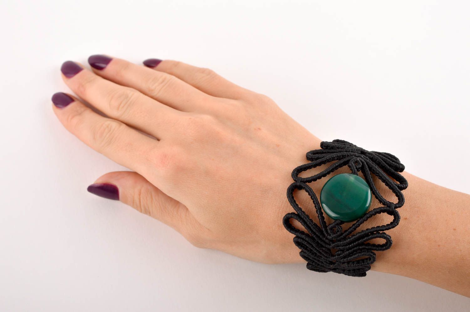 Handmade elegant female bracelet unusual wide bracelet black accessory photo 5