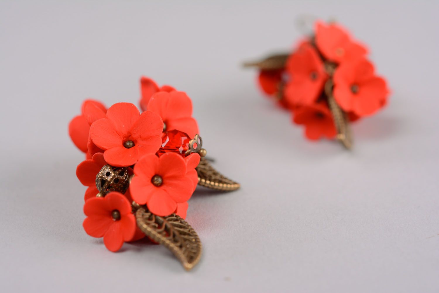 Homemade polymer clay earrings Red Flowers photo 3