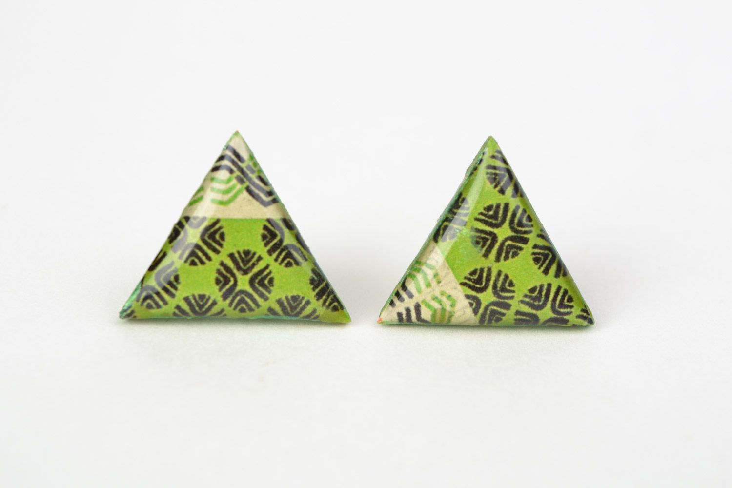 Unusual handmade jewelry glaze stud earrings with patterns of lime color photo 3