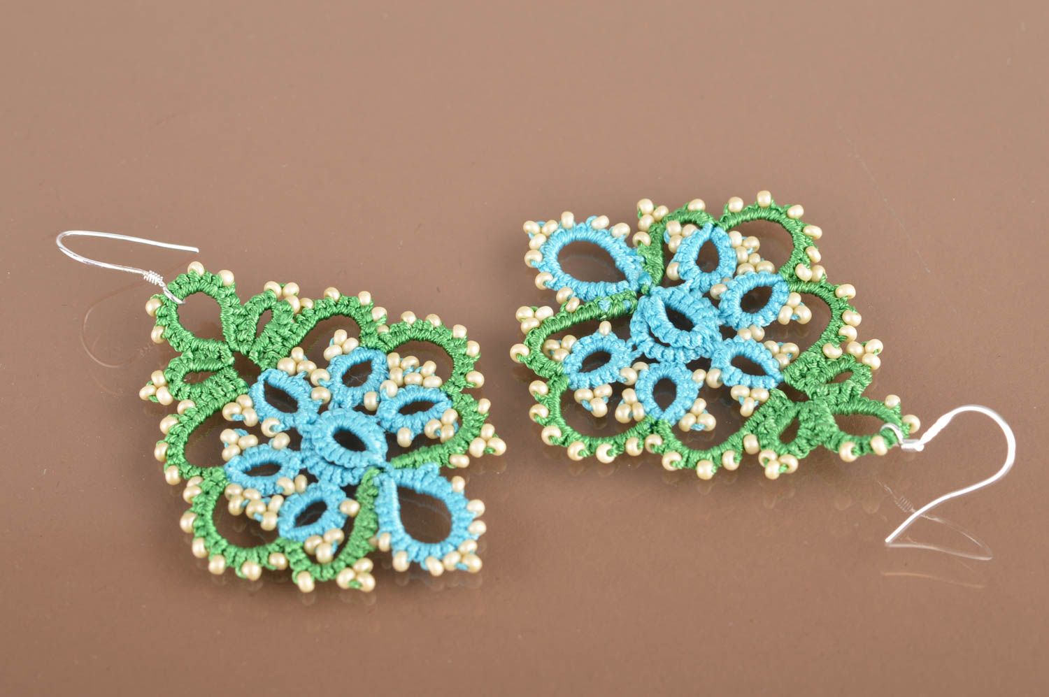 Handmade large lace drop tatted earrings woven of green and blue satin threads photo 2