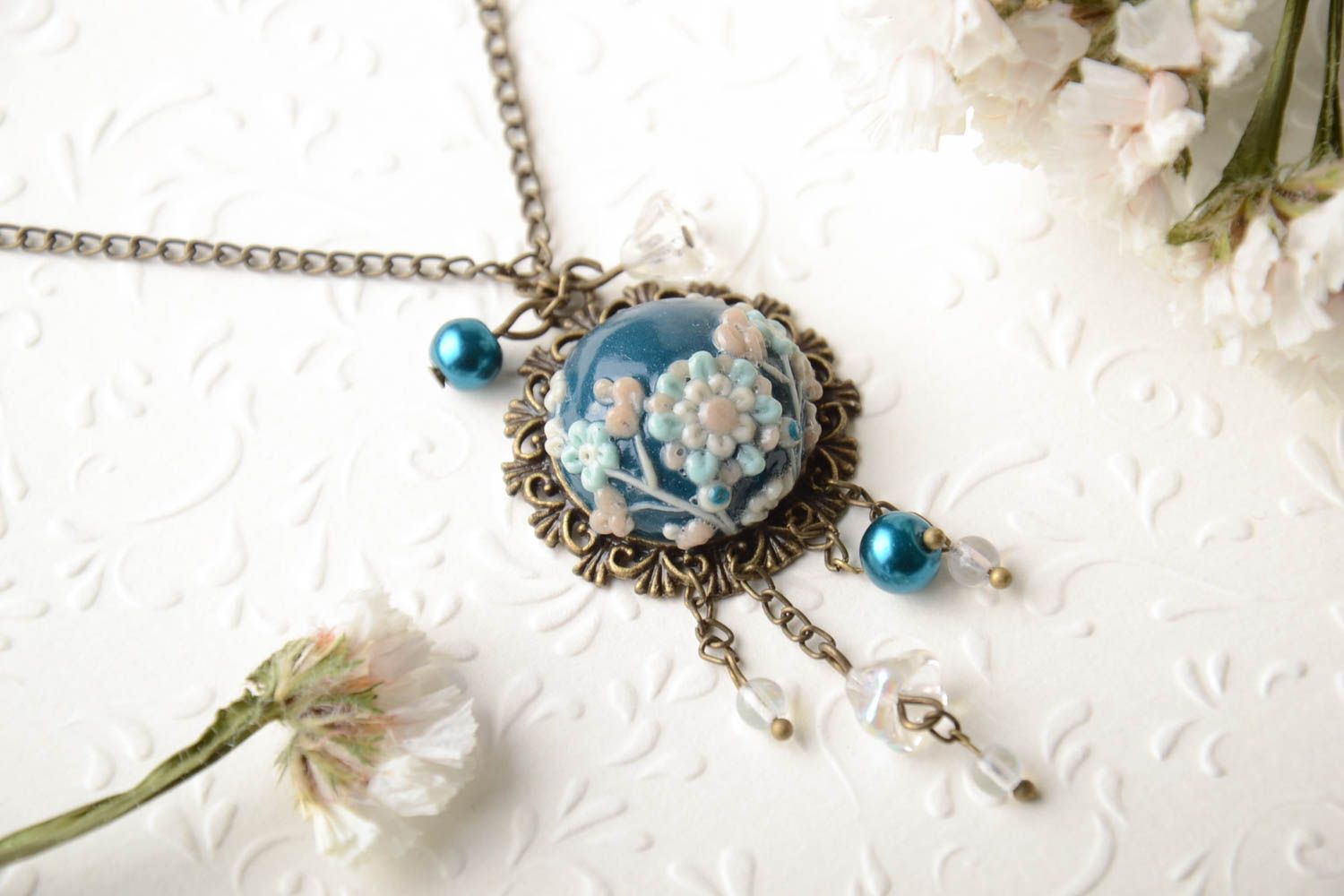 Handmade blauer Blumen Modeschmuck Anhänger Polymer Schmuck Accessoires für Frau foto 1