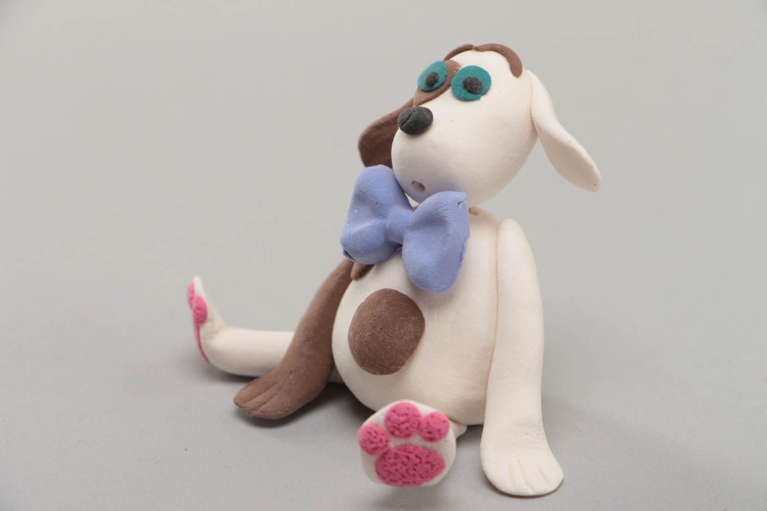 Beautiful nice handmade designer polymer clay statuette of dog with bow tie photo 2